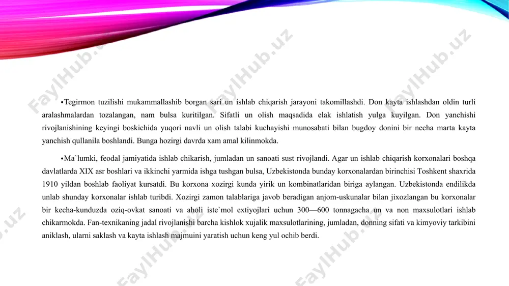 rligi bor. texnik maqsadlarda kup ishlatiladigan okjuxori­ning doni kraxmal va spirt sanoati uchun qimmatli xom ashyo xisoblanadi. sholi yer yuzidagi eng kadimiy ozik-ovkat ekinlaridan biri bulib, inson xayotida muxim urin egallagan. u xitoyda eramizdan 2800 yil, hindistonda 2000 yil ilgari ma`lum edi. sholining kelib chikdan markazi janubiy-sharkiy osiyo deb taxmin kilinadi, lekin joyi xali anik emas. akademik n. i. vavilovning ta`kidlashicha, sholi hindistondan kelib chiqqan. sholi hindistondan markaziy osiyoga eramizdan avvalgi davrda tarkala boshlagan. ekin maydoni buyicha sholi butun dunyo dexkonchiligida ikkinchi urinda turadi. kupgina davlatlarda, ayniksa, osiyo mamlakatlarida asosiy ozik-ovkat xisoblanadi. ta`mi yaxshi, sifati yukori bulib, boshka donlarga karaganda inson organizmida tez xazm buladi. guruchning xazm bulish koeffitsienti eng yuqori 95,9 foiz, kaloriyasi 3594 kdjg’g ga teng, ya`ni bugdoy kaloriyasi (3610)dan biroz kam. sholini oqlash vaqtida chiqadigan oqshok, spirt, arok, pivo va kraxmal tayyor­lash uchun ishlatiladi. don va don mahsulotlarining kimyoviy tarkibi don va urug’li donlar jamoa, fermer, dexkon …