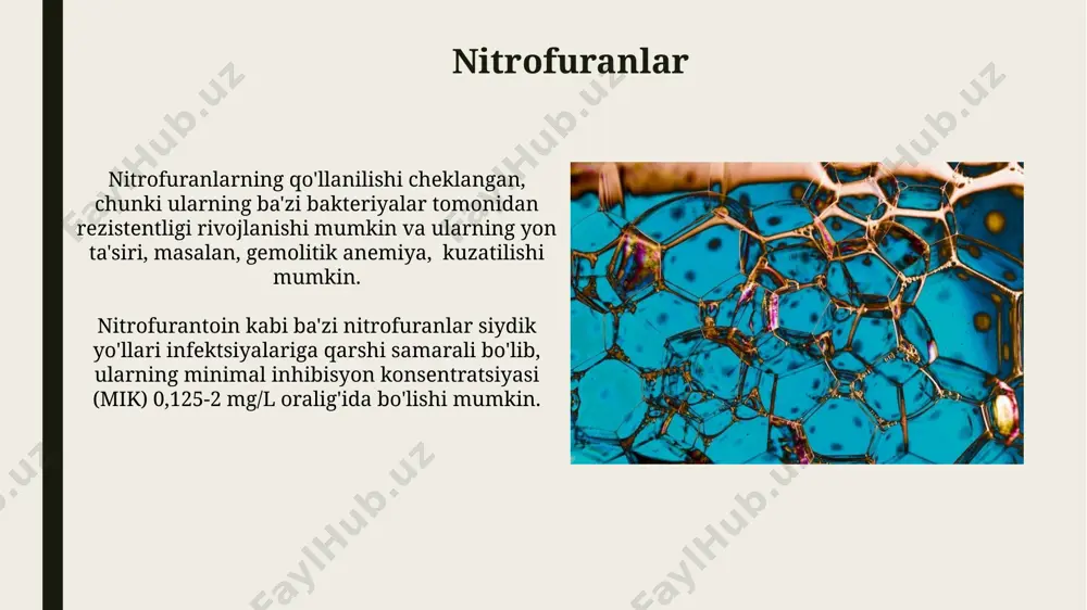 ka bog'lanishi orqali bakteriyalar oqsil sintezini inhibe qilish orqali amalga oshiriladi. tetratsiklinlar 7 ta asosiy halqaga ega bo'lib, ularning ikkitasi benzol, bittasi piran va to'rttasi siklogeptan halqalaridir, bu ularning murakkab kimyoviy tuzilishini ko'rsatadi. liposomlar liposomal formulalar, antibiotiklarning toksik ta'sirini kamaytirishga yordam beradi, shu bilan birga, bakteriyalarni yo'q qilish samaradorligini 30-50% ga oshiradi. liposomal tizimlar, membrana tarkibidagi fosfolipidlarning turli xil nisbatlari tufayli, antibiotiklarning yarim chiqish davrini 2-3 baravarga oshirishi mumkin. sulfonamidlar taxminan 100 dan ortiq turli xil sulfonamidlar sintetik ravishda ishlab chiqarilgan bo'lib, ularning har biri turli xil bakteriyalar turlariga nisbatan har xil samaradorlikka ega, bu esa ularning kimyoviy tuzilishiga bog'liq. sulfonamidlarning bakteriostatik ta'siri bakteriyalar hujayra devorining sintezini inhibe qilish orqali amalga oshiriladi, bu esa ularning o'sishini va ko'payishini to'xtatadi va bu jarayonda paba (para-aminobenzoik kislota) ga raqobatdosh inhibisyon mexanizmi ishtirok etadi. e'tiboringiz uchun rahmat @taqdimot_robot image1.jpg image2.jpg image3.jpg image4.jpg image5.jpg image6.jpg image7.jpg image8.jpg image9.jpg image10.jpg image11.jpg image12.jpg