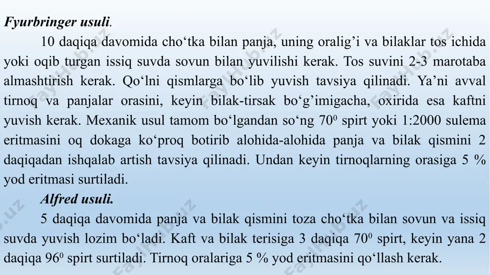a deb, suyuq shakldagi dori vositalarini, biologik preparatlarni kam miqdorda hayvon organizmiga yuborishga aytiladi. infuziya deb, eritma shakldagi lori vositalarini ko‘p miqdorda hayvon organizmiga yuborishga aytiladi. inyeksiyani bajarish uchun har xil hajmdagi shpris va ignalar talab qilinadi. infuziyani bajarish uchun shpris jane, bobrov apparati, eritma quyish sistemalaridan foydalanish mumkin. asboblar. sanchish uchun turli konstruksiyadagi shpris va kovak ignalar kerak. qon olish uchun va vena qon tomir inyeksiyasiga bobrov, saykovich ignalari, turli xildagi apparatlar qo‘llaniladi. sanchish texnikasi. o‘ng qo‘lga shpris olinadi, shprisning silindr qismini katta, o‘rta va nomsiz barmoqlar yordamida ushlanadi va igna to‘qimaga sanchiladi. teri osti inyeksiyasini hayvon tanasining istalgan joyida o‘tkazish mumkin, ko‘pincha bo‘yin qismiga, sonning ichki tomoniga, ko‘krak devoriga, qorinning ventral, ya’ni pastki tomonida o‘tkaziladi. chunki u yerdagi teri osti kletchatkasi rivojlangan va qalinjoylashgan, shuning uchun dori yuborishda og’riq ka seziladi va u tezlik bilan tarqaladi. sanchish joyining junlari kuper qaychisi bilan qirqiladi va spirt bilan surtiladi. chap …