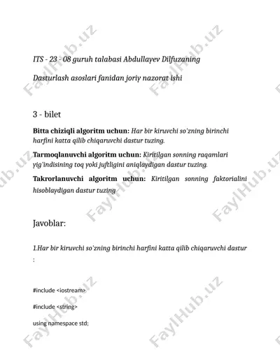 dasturlash asoslari fanidan joriy nazorat bilet — DOCX