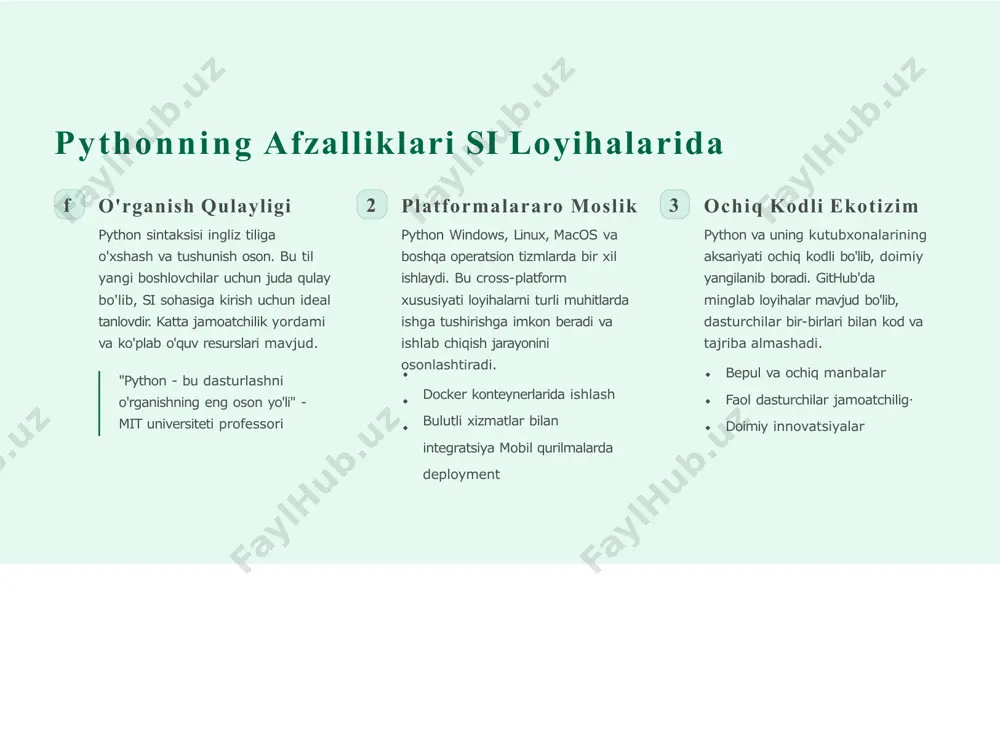 60% for”nnc 500 python ai yechimlarni qo'llagan kompaniyalar h5% o'sish snr'a”i python ai bozorining yillik o'sishi soc (system on chip) texnologiyalari bilan integratsiya imkoniyatlari python modellarini mobil qurilmalar va embedded tizmlarda ishlatish yo'llarini ochmoqda. bu esa ai texnologiyalarini ommalashtirish jarayonini tezlashtirmoqda. python – sun'iy intellektning yuragi asosiy dvigatel python si rivojlanishining asosiy dvigateli bo'lib, dunyoning eng yirik texnologiya kompaniyalari tomonidan ishlatiladi. google, facebook, tesla kabi gigantlar o'zlarining ai loyihalarini python asosida quradi. kelajak shakllantiruvchi oson o'rganilishi va kuchli vositalari bilan python kelajak texnologiyalarini shakllantiradi. avtonomli avtomobillar, smart shaharlar, personallashtirilgan tibbiyot - bularning barchasi python asosida yaratilmoqda. strategik tanlov har bir dasturchi va tashkilot uchun python o'rganish strategik tanlov hisoblanadi. bu til orqali ai sohasidagi imkoniyatlar chegarasi yo'q desa ham bo'ladi. "agar siz ai bilan ishlashni xohlasangiz, pythonni o'rganing. bu sizning kelajagingizga eng yaxshi sarmoyangiz bo'ladi." - ai texnologiyalari bo'yicha ekspert fikri python ai kursiga yoziling qo'shimcha ma'lumot image2.jpg image1.jpg image3.png …