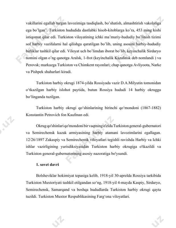 on qilindi. 1918-yil 7-dekabrda p.krutikov boshchiligida fargʻona fronti [1] tezkor shtab-kvartirasi tuzildi. okrugda boʻlayotgan faol jangovar harakatlar munosabati bilan uning funksiyalari 1920-yil 7-martda turkiston frontini boshqarishga yuklatilgan [2] , [3] . , va tuman aslida tugatildi. xuddi avvalgidek turkiston fronti shtabining tuman shtab-kvartirasi toshkentda joylashgan edi [4] . sssr inqilobiy harbiy kengashining 1926 yil 4 iyundagi 304-sonli buyrugʻi bilan turkiston fronti oʻrta osiyo harbiy okrugi deb oʻzgartirildi , uning tarkibiga turkmaniston va oʻzbekiston ssr, qirgʻiziston va tojikiston avtonom sovet sotsialistik respublikalari hududlari kirdi. oʻrta osiyo respublikalari va viloyatlarining maʼmuriy-hududiy boʻlinishidagi oʻzgarishlar munosabati bilan 1940-yil avgust holatiga koʻra okrug tarkibiga qozoq, qirgʻiziston, tojikiston, turkmaniston, oʻzbek ssrlari kirdi. tuman shtab-kvartirasi toshkent shahrida joylashgan edi. turkiston harbiy okrugi (turkvo) 1945-yil 9-iyulda oʻrta osiyo harbiy okrugi turkiston va dashtga boʻlingan (1946-yilda turkvo tarkibiga kiritilgan) md qayta tashkil etilgan. okrug qoʻmondonligi toshkentda joylashgan edi. 1968 yilda turkiston harbiy okrugi qizil bayroq ordeni bilan taqdirlangan. 2. …