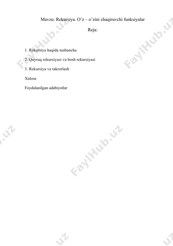 usuldagi joriy pozitsiya misol quyidagi sinf berilgan chuqurlikdagi daraxt strukturasini rekursiv chop etish imkonini beradi. public class node { public int data; public node left; public node right; public node(int data) { this(data, null, null); } public node(int data, node left, node right) { this.data = data; this.left = left; this.right = right; } public void print(final int maxdepth) { if (maxdepth stack = new arraylist<>(); stack.add(new frame(n, 2)); // first frame = initial call while (!stack.isempty()) { // get topmost stack element int index = stack.size() - 1; frame frame = stack.get(index); // get topmost frame if (frame.maxdepth <= 0) { // termial case (too deep) system.out.print("(...)"); stack.remove(index); // drop frame } else { switch (frame.state) { case 0: frame.state++; // do everything done before the first recursive call system.out.print("("); if (frame.node.left != null) { // add new frame (recursive call to left and stop) stack.add(new frame(frame.node.left, frame.maxdepth - …