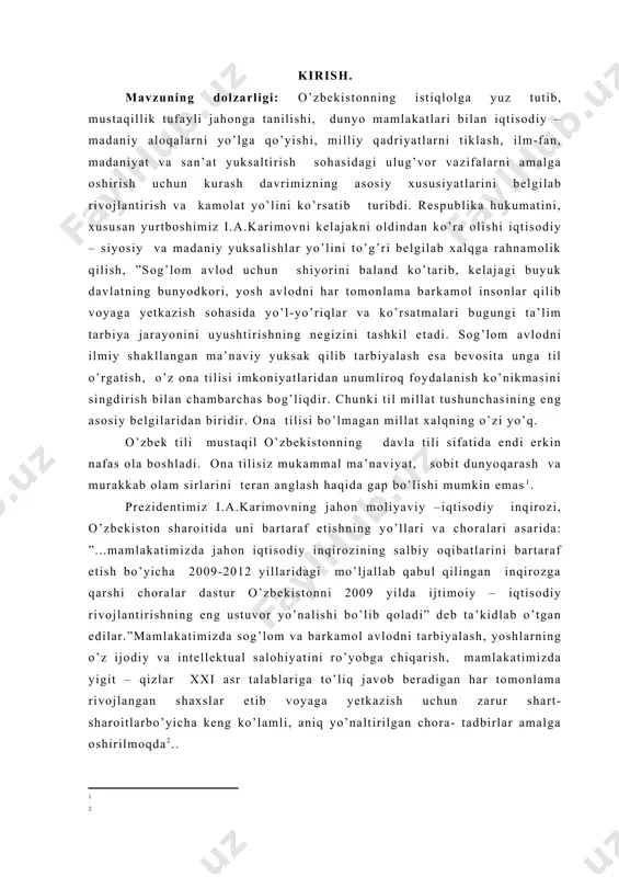 nglash haqida gap bo’lishi mumkin emas . prezidentimiz i.a.karimovning jahon moliyaviy –iqtisodiy inqirozi, o’zbekiston sharoitida uni bartaraf etishning yo’llari va choralari asarida: ”...mamlakatimizda jahon iqtisodiy inqirozining salbiy oqibatlarini bartaraf etish bo’yicha 2009-2012 yillaridagi mo’ljallab qabul qilingan inqirozga qarshi choralar dastur o’zbekistonni 2009 yilda ijtimoiy – iqtisodiy rivojlantirishning eng ustuvor yo’nalishi bo’lib qoladi” deb ta’kidlab o’tgan edilar.”mamlakatimizda sog’lom va barkamol avlodni tarbiyalash, yoshlarning o’z ijodiy va intellektual salohiyatini ro’yobga chiqarish, mamlakatimizda yigit – qizlar xxi asr talablariga to’liq javob beradigan har tomonlama rivojlangan shaxslar etib voyaga yetkazish uchun zarur shart-sharoitlarbo’yicha keng ko’lamli, aniq yo’naltirilgan chora- tadbirlar amalga oshirilmoqda .. mavzuning o’rganilish darajasi: o’zbek tilshunosligida insho, insho mavzusi, insho turlari haqida m.rahimov, a.zunnunov, a.po’latov, r.ikromov kabi olimlarning asarlarida tadqiq etilgan. ilmiy xulosalar chiqirilgan ammo, shu mavzuni boshlang’ich sinf o’quvchilari ongiga singdirish yo’l-yo’riqlari, usullari keng ko’lamda yoritilgan. to’g’ri ushbu mavzu yuzasidan ko’plab fikr-mulohazalar bildirilgan. shu o’rinda a.zunnunov. k.qosimovlarning tadqiqotlari, o’quv qo’llanmalarini ta’kidlab o’tish …