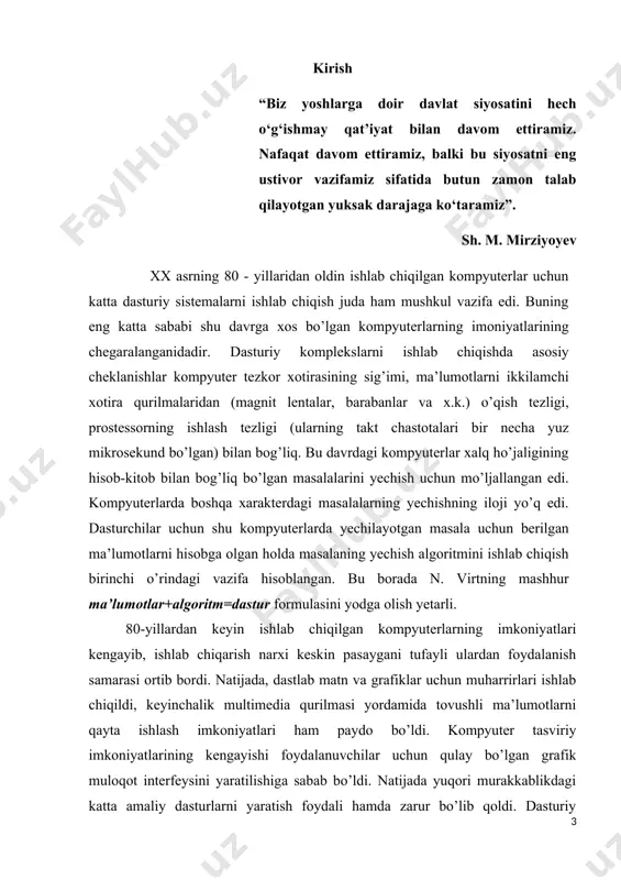 a. sababi agar bir ma’lumotlarni ekran orqali o’qisak va yozsak unda har safar dasturni ishga tushurganda ma’lumotlarni qaytadan kiritishga to’g’ri keladi bu esa ancha qiyinchiliklar tug’diradi. bundan tashqali natijalarni tahlil qilishda, ularni solishtirishda ham fayl oqimi bilan ishlash juda ko’p qulayliklarni olib keladi. birinchi bobda konsol rejimda ma’lumotlarni ekran orqali kiritish va chiqarish amallari ko’rib chiqilgan. c# tilining sintaksisi, ma’lumotlar tiplari haqida ma’lumotlar keltirilgan. har bir operatorning funksional imkoniyatlari misollar orqali tushuntirib berilgan. c# tilida ifoda, intruksiya va operatorlar haqida ma’lumotlar keltirilgan. tarmoqlash, takrorlash operatorlari va ularni har xil variantlari misollar orqali tushuntirib berilgan. bundan tashqari har bir operatorning funksional imkoniyatlari misollar orqali tushuntirib berilgan.obyektga mo’ljallangan dasturlash tillarining asosini sinf tashkil qiladi. qo’llanmaning ikkinchi bobi microsoft visual studio 2010 muhitida c# dasturlash tili yordamida fayllar bilan ishlash, ular ustida bajariladigan amallarga bag’ishlangan. bunda fayl va kataloglar ro’yxati ustida bajariladigan barcha metodlar o’rganib chiqilgan. bunda fayl va kataloglar ustida bajariladigan metodlar …