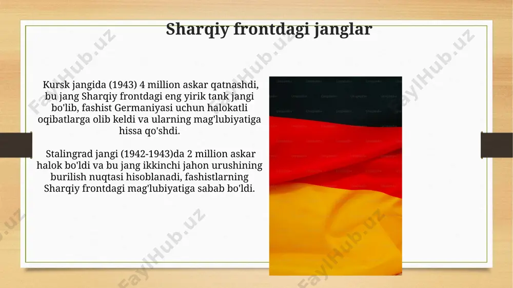 ariga dosh berolmadi, bu esa germaniyaning dastlabki muvaffaqiyatlariga hissa qo'shdi. dengiz janglari va strategiyasi 1944-yilning avgustida ruminiya qirg'og'ida amalga oshirilgan "anvil" operatsiyasi natijasida 150 mingdan ortiq ittifoqdosh qo'shinlari qo'ndirildi va bu bolqon yarim orolidagi fashist germaniyasi qo'shinlarini qurshovga olishga yordam berdi. dengiz janglarida fashist germaniyasi kemalarining son jihatdan ustunligi bo'lishiga qaramay, 200 dan ortiq nemis suvosti kemalari atlantika va boltiq dengizlarida ittifoqdoshlar kemalariga qarshi harakat qilgan bo'lsa-da, ular strategik jihatdan muhimroq dengiz yo'llarini nazorat qila olmagan. ikkinchi jahon urushining boshlanishi 1939-yil 1-sentabrda germaniya polshaga hujum qilib, ikkinchi jahon urushining boshlanishiga sabab bo'ldi, bu esa yevropa va butun dunyoni qamrab olgan keng ko'lamli qurolli to'qnashuvga olib keldi. urush boshlanishiga germaniyaning versal shartnomasi bilan belgilangan cheklovlarga rioya qilmasligi, avtokratik rejimning agressiv siyosati va avstriya, sudet viloyati kabi hududlarni anneksiya qilishi sabab bo'ldi. qarshilik harakatlari qarshilik harakatlarining muhim markazlaridan biri, berlin atrofidagi kichik shaharlarda va qishloqlarda yashirin hujayralar orqali faoliyat yuritgan "rote kapelle" …