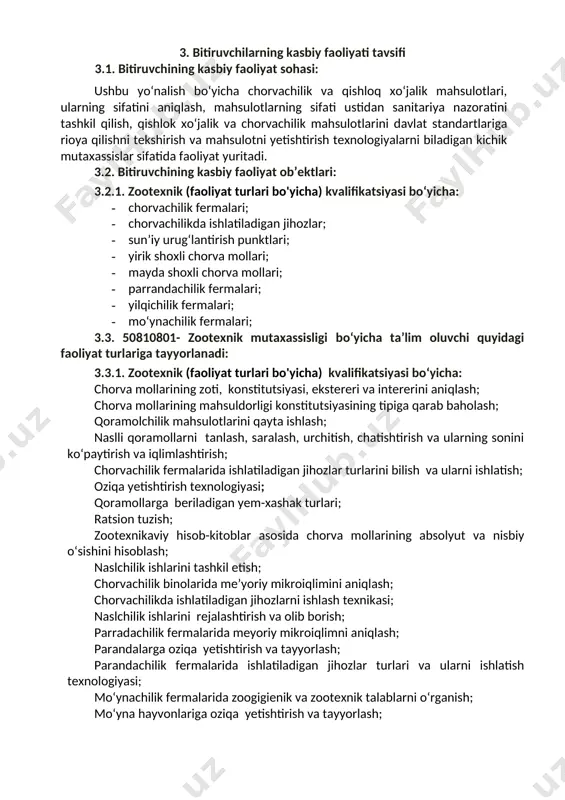 yicha) kvalifikatsiyasi bo‘yicha: kk-1.1.chorva mollarining anotomiyasi va fiziologiyasi; kk-1.2. oziqabop o‘simliklaridan oziqalarni jamg‘arish; kk-1.3.oziqalarni saqlash va hayvonlarga yedirishdan oldin tayyorlash texnologiyalarini qo‘llash; kk-1.4. chorva binolariga bo‘lgan talablar va mikroiqlimni aniqlash; kk-1.5 hayvonlarni binoda va yaylovda asrash va boqish; kk-1.6.oziqalarning zootexnikaviy tahlili, ularning kimyoviy tarkibi va to‘yimliligini baholash; kk-1.7.hayvonlarining to‘yimli moddalar va energiyaga bo‘lgan talablarini aniqlash; kk-1.8.ratsion tuzish va uni tahlil qilish hamda oziqlantirishning to‘la qiymatliligini nazorat qilish metodlarini qo‘llash; kk-1.9. hayvonlarni suniy urug‘lantirish usullari; kk-1.10.chatishtirish, duragaylash, urchitish yordamida yangi zot yaratish metodlarni bilish va qo‘llash; kk-1.11. yilqichilik va tuyachilik fermalarini tashkil etish; kk-1.12. qorako‘lchilikda naslchilik ishlarini rejalashtirish; kk-1.13. parrandachilik fermalarini tashkil qilish; 5. o‘quv reja tuzilmasi va ularga qo‘yiladigan talablar hamda bitiruvchida shakllantiriladigan kompetensiyalar t/r fan (modul) nomi bitiruvchi o‘zlashtirishi lozim bo‘lgan bilim va ko‘nikmalar shakllantiri-ladigan kompetensiyalar bilimlar ko‘nikmalar 1. o‘zbek (rus) tili -rus (o‘zbek) tilini muloqotning turli sohalari va vaziyatlarida mustahkam egallash va undan samarali foydalanish; - o‘z fikrlarini …
