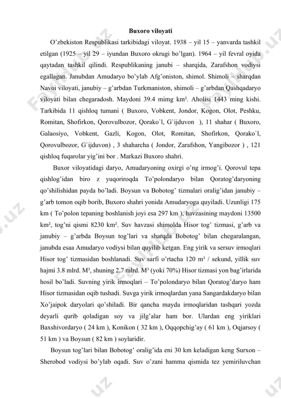 i paydo bo’ladi. qirg’oqlari yemirilishi va o’pirilip tushushi sababli ko’p joylarda tik jarlik shaklini olgan. buxoro qor – muzlik suvlaridan to’yinadi. may – iyunda sersuv, sentabr – oktabr oylarida eng kam suv bo’ladi, surxondaryoning etak qismida (manguzar qishlog’i yonida) yillik suv oqimining 69% mart – iyu, 20% iyul – sentabr va 11% oktabr – fevral oylarida oqib o’tadi. buxoroning o’rtacha ko’p yillik suv sarfi uning boshlanish qismida (qorovultepa qishlog’i yonida) 76.7 m³ / sekunt, 2.42mlrd. m³ quyi oqimida (manguzal qishlog’ida) sizot suvlari (taxminan 20 – 25 m³ / sekunt) va partov suvlar kelib qo’shiladi. buxoroning eng ko’p suv sarfi qorovultepa yonida ko’pincha 250 – 350 m³ / sekunt, manguzar qishlog’i yonida esa 350 – 450 m³ / sekunt o’rtasida bo’ladi. lekin, ayrim yillarda eng ko’p suv sarfi juda ata bo’lishi mumkin. mas., 1931 – yil 29 –aprelda qorovultepa qishlog’i yonida 600 m³ / sekunt , manguzar qishlog’i yonida esa 700 …
