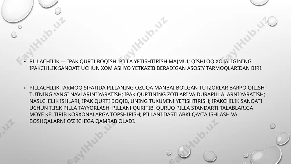 kin ipak va ipak gazlamalarning texnika va maishiy turmushda keng qoʻllanilishi tufayli jahon bozorida tabiiy ipakka boʻlgan talab juda yuqori (yana qarang ipakchilik sanoati). image2.png image3.png image1.png /docprops/thumbnail.jpeg