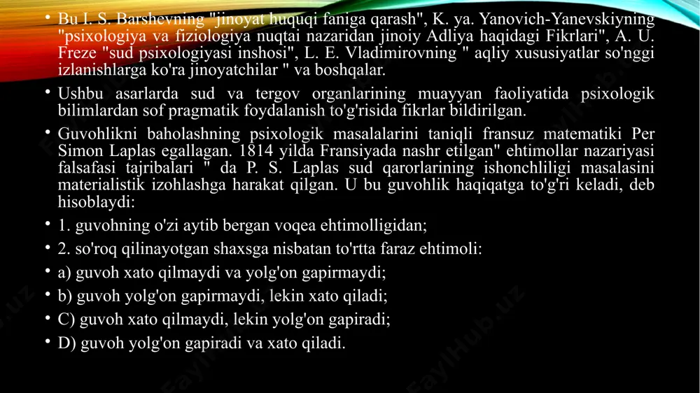 i ilmiy asoslash istagini keltirib chiqaradi. shunday qilib, 19 asrda ushbu muammoni hal qilishda yangi yondashuv shakllana boshlaydi, uning mohiyati jinoiy xatti-harakatlarning sabablarini aniqlash va ularning asosida jinoyatlar va jinoyatchilikka qarshi amaliy faoliyat dasturini tuzish istagi edi. 20-asrda yuridik psixologiya tarixi. 19 asrning oxiri - 20 asrning boshlanishi kriminologik bilimlarni sotsiologizatsiya qilish bilan tavsiflanadi. ijtimoiy hodisa sifatida jinoyatchilikning sabablari sotsiologlar j. ketle, e. dyurkgeym, m. weber va boshqalar o'rgana boshladilar, ular ijtimoiy statistika usulidan foydalanib, jinoiy xatti-harakatlarning tabiatini tushuntirishda antropologik yondashuvni yengib, deviant xatti-harakatlarning ijtimoiy sharoitlarga bog'liqligini ko'rsatdi. o'z vaqtlari uchun bu ishlar, albatta, progressiv hodisa edi. zamonaviy kriminologik bilimlarning o'ziga xos xususiyati deviant xatti - harakatlarning sabablari va omillarini ko'rib chiqish va o'rganishga tizimli yondashuv, shu bilan birga turli fanlar vakillari: advokatlar, sotsiologlar, psixologlar, shifokorlar tomonidan muammoni ishlab chiqishgan. bu, o'z navbatida, jinoyatlarning oldini olish amaliyotiga har tomonlama yondashishga imkon beradi. zamonaviy biologik kriminologik nazariyalar jinoiy xatti-harakatlarning mohiyati avvalgidek …