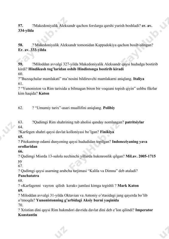 rsoglik va grafliklarga, balki son-sanoqsiz mayda va juda ham kichik fеodal mulklarga bo’linib kеtishi sodir bo’ladi? x-xi asrlarda 77. ?o’rta asrlarda qaysi davlatda “talya” nomli soliq joriy etilgan? fransiyada 78. ? ****o’rta asrlarda fransiyada erkin dehqonlar qanday nomlangan? 79. ? ummaviylar davrida xalifalik poytaxti qaysi shahar bo’lgan? damashq 80. ? arab xalifaligi davrida qaysi hududda sug’oriladigan yerlar kam bo’lganligi tufayli o’sha hudud chorvachilikka ixtisoslashtirilgan? najd 81. ?qaysi arab xalifasi 644-656-yillarda xalifalikni boshqargan? xalifa usmon ? ummaviy oxirgi shahzodaning ismini aniqlang. abdurahmon 82. ? britaniya hududida vi asr oxiri vii asr boshlariga kеlib, bir qancha angl-saks qirolliklari tashkil etilgan bo’lib, shulardan orolning shimolida tashkil etilgan qirollikni aniqlang. shimolda - nortumbriya 83. ?muqaddas rim imperiyasi asoschisini aniqlang. otton 84. ?933-yilda vengerlar ustidan g’alaba qilgan german qirolini aniqlang. gеnrix 1 85. ? qachondan boshlab yaponiyada barcha yer davlat mulki deb e’lon qilingan? 646- yilda 86. ? qaysi dehli sultoni “iskandar zulqarnaynning davomchisi” nomiga …
