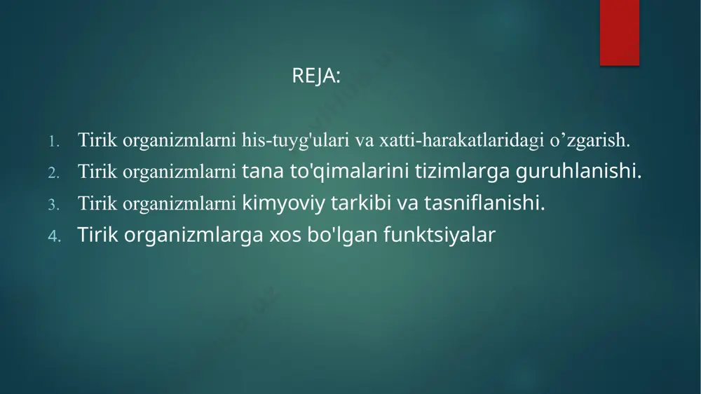itgan), tananing sirtini qoplaydi, shilliq qavatni qoplaydi. tanani atrof-muhitdan ajratib turadigan membranalar (integumental epiteliya ) va bezlar (bezli epiteliya) hosil qiladi; hissiy epiteliy ham mavjud bo'lib, ularning o'zgartirilgan hujayralari eshitish, muvozanat va ta'm organlarida o'ziga xos stimullarni sezadi. epiteliy hujayrali elementlarning ko'pligi bilan ajralib turadi; (2) ko'p sonli hujayralardan hosil bo'lgan biriktiruvchi to'qimalar juda katta guruhdir. u bo'shashgan va zich tolali to'qimalarni, shuningdek, maxsus xususiyatlarga ega (retikulyar, pigment, yog'li), qattiq skelet (suyak, xaftaga) va suyuq (qon va limfa) to'qimalarni o'z ichiga oladi. biriktiruvchi to'qima qo'llab-quvvatlovchi, mexanik (zich, tolali biriktiruvchi to'qima, xaftaga, suyak), trofik (oziqlanish) va himoya (fagotsitoz va antikor ishlab chiqarish) funktsiyalarini bajaradi; (3) harakatni amalga oshiradigan va qisqarishga qodir bo'lgan mushak to'qimasi. uning ikkita navi bor: silliq (chiziqsiz) va chiziqli (skelet va yurak); (4) asab to'qimasi markaziy asab tizimini (miya va orqa miya) va periferik (terminal qurilmalari bilan nervlar, nerv ganglionlari) hosil qiladi. u nerv hujayralari (neyronlar) va gliotsitlar …