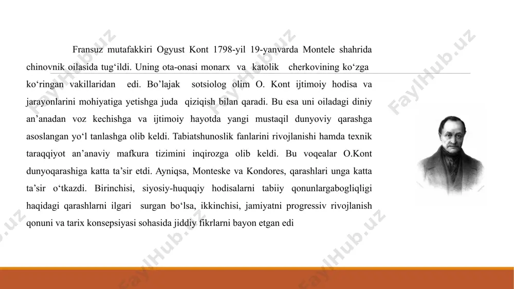 iyani bajaradi, deb ta’kidladi. “pozitiv sistemalar siyosatda”nomli asarida sen-simon bilan birga hamkorlik davridagi ijodi aks ettirilgan. u intelektual va sotsial islohot prinsiplari yomini ko‘rsatdi. bu g‘oyada sen-simonning kontga bergan yo‘nalishi va uning yangi jamiyatdagi g‘oyalari , insoniyatning ikki katta asrdagi harakatlari, ya’ni tanqidiy va organik, “pozitiv siyosat” prinsiplari hamda mashhur “uch bosqich qonunlari” aks etgandir. kontning 4 tomlik “pozitiv siyosattizimi” yoki sotsiologik traktat bo‘lib, bu insoniyat dinining ta’sis bo' iganligidan darak beradi. “pozitiv katexizis” (1852) va “subyektiv sintez” (1856) - bu kitoblarida kont subyektiv nuqtayi nazardan “subyektiv” metod bilan bog‘liq sotsiologiyaning o‘ziga xos fan sifatida boshqa ijtimoiy fanlar tizimidatutgan o‘rnini aniqlashtirishga harakat qiladi. birinchi navbatda, o‘zining asarlarida, insonning emotsional tomoni va sotsial hayoti o‘rin egalladi. bosh obyekt bo’lib,ijtimoiy institutlar, cmotsional ehtiyojlari: axloq va din egalladi. kont bu davrlarda “pozitiv falsafa”, “pozitiv ruh”, “ratsional pozitiv”, umuman, “pozitivizm”ni doktrina sifatida rivojlantirdi. kontning pozitiv siyosati o. kont jamiyat haqidagi pozitiv fanni dastlab sotsial …