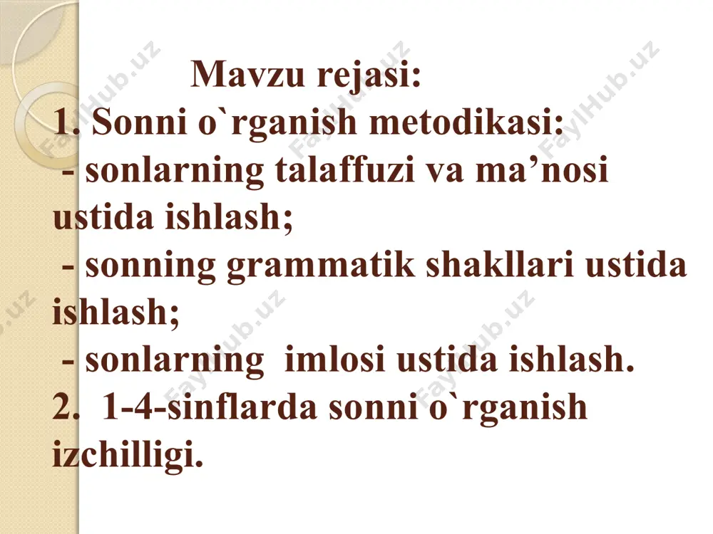 igan tushunchalarning mohiyatiga, o'quvchilarning tayyorgarlik darajasiga bog'liq holda tanlanadi. agar o'quvchi son haqida ma’lum darajada bilimga ega bo'lsa, yarim izlanishli muammoli metod yoki suhbat metodidan; agar bola son haqida umuman tushunchaga ega bo'lmasa, induktiv va analiz metodlaridan foydalaniladi. „son" ustida ishlash dastur talabiga ko'ra 1-sinfdan boshlansa ham, uni o'rganish jarayoni, metodik jihatdan 4 bosqichga bo'linadi. ,,son“ boshlang'ich ta’limda elementar nazariy tushunchalar asosida amaliy o'rganiladi. lekin 1-bosqichni to'liq ma’noda sonni amaliy o'rganish bosqichi deb nomlaymiz. chunki bu bosqichda umuman nazariyasiz son ustida ishlanadi va bu 1-sinfning savod o‘rgatish va 1-sinfning 2-yarmiga to‘g‘ri keladi. bu bosqich sonni o'rganuvchi keyingi bosqichlarga zamin tayyorlaydi. ma’lumki, savod o'rgatish davrida o'quvchilar bilan kundalik ishlar, rasmlar, predmetlar, mavzular yuzasidan og'zaki savol-javoblar o'tkaziladi. masalan: „bugun nechanchi sana? biz nechanchi asrda yashayapmiz? bu yil nechanchi yil? darsga nechta o'quvchi kelmadi? bir yil necha faslga bo'linadi? yilning birinchi fasli qaysi?" yoki mantiqiy mashqlar ishlash bilan bog'liq holda: „xonadoningizda nechta uy …