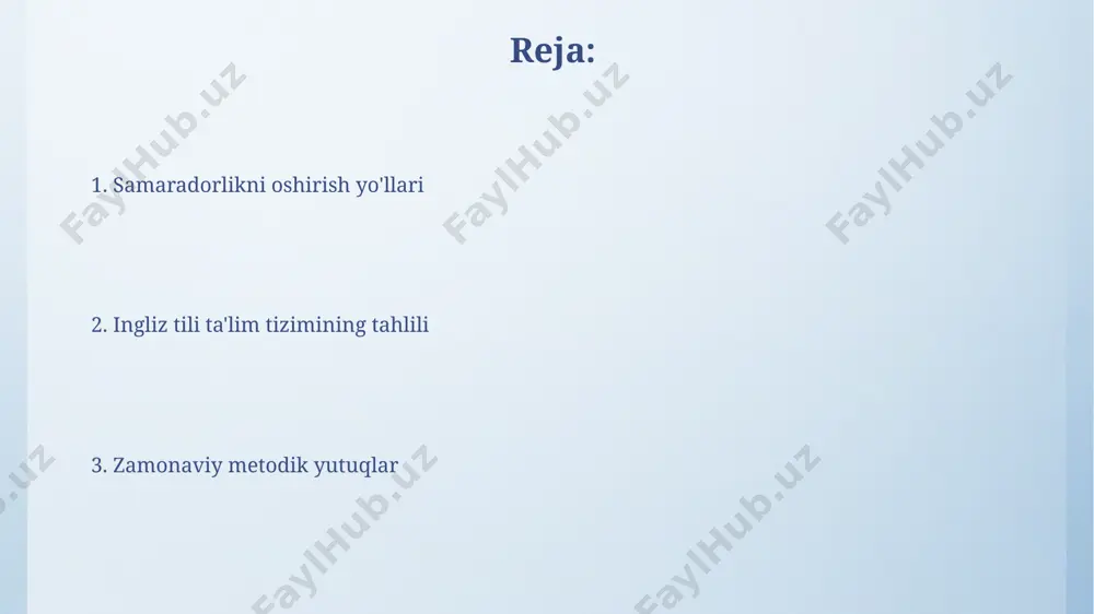 siy til ko'nikmalarini (o'qish, yozish, tinglash, gapirish) rivojlantirishga qaratilgan yangi modul va vazifalarni kiritish samaradorligini oshiradi. ingliz tilini o'qitishda 21-asr ko'nikmalarini, jumladan, tanqidiy fikrlash, muammo yechish va hamkorlikni rivojlantirishga qaratilgan dasturlarni ishlab chiqish va ta'lim jarayoniga integratsiyasi o'quv samaradorligini sezilarli darajada yaxshilaydi. kelajakdagi istiqbollar zamonaviy o'quv qo'llanmalarining 50% gachasi o'yinlashtirilgan texnologiyalarni qo'llaydi, natijada o'quv jarayonining samaradorligi 20% ga oshadi. metaverse texnologiyalarining joriy etilishi tufayli ingliz tili o'rganish uchun virtual muhitlar soni 10 baravar ko'payadi, bu esa o'quvchilarning amaliy ko'nikmalarini rivojlantirishga yordam beradi. zamonaviy ta'lim metodologiyalari zamonaviy ta'limda 30 dan ortiq interfaol o'qitish usullari qo'llanilmoqda, jumladan, gamifikatsiya, loyiha usuli va hamkorlikda o'rganish kabi texnologiyalar. onlayn ta'lim resurslari soni 5 yil ichida 2 baravar oshdi, bu esa o'quv jarayonini individualizatsiya qilish va diversifikatsiya qilish imkoniyatlarini kengaytirdi. e'tiboringiz uchun rahmat @taqdimot_robot image4.png image5.jpg image6.jpg image7.jpg image8.jpg image9.jpg image10.jpg image11.jpg image3.jpeg