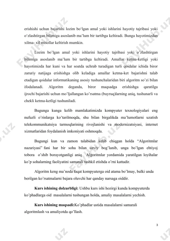 dagi masaialar sinfi ommaviy muammo deb ataladi. bunday sinflaming masaialari bir biridan faqat ifodasidagi parametrlar bilan farq qiladi. masalan, ax 2 + bx + c =0 kvadrat tenglamaning yechimini topish masalasida a, b va c parametrlar qatnashadi. ulaming qiymatiarini o'zgartirish yo'li bilan bir sinfga mansub turli xii masalalarga kelamiz. aytilganlami hisobga olib algoritmning quyidagi intuitiv ta'rifini berish mumkin. 1- t a ' r if. berilgan ommaviy muam-modagi barcha masalalarni umumiy bir xil shaklda, aniq ma 'lum bo'lgan usul bilan yechish jarayoni algoritm deb ataladi. bunday ta'rifni qat'iy deb hisoblash mumkinemas. haqiqatan ham, unda aniq mazmuni noma'lum so'zlar uchraydi. bu fikr, xususan, «usul» so'ziga ham tegishlidir. shuning uchun ham algoritmning bu qat'iy bo'lmagan ta'rifi intuitiv ta'rifdir. algoritmning o'ziga xos xususiyatlari. endi algoritnming o'ziga xos xususiyatlarini ko'rib o'taylik. algoritmning diskretligi. algoritm - miqdoriarni shunday ketma-ket qurish jarayoniki, boshlang'ich holatda miqdorlarning dastlabki chekli sistemasi berilgan bo'lib, har bir navbatdagi momentda miqdorlar sistemasi ma'lum …