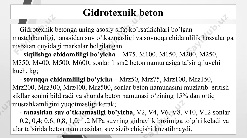 a asbob–uskunalar vertikal bo’yicha ketma–ket qiyalikda maxsus devorlar yordamida o’rnatiladi. gidrotexnik beton tayyorlashda qo’llaniladigan mashina va uskunalar mashina va uskunalar tanlash xususiyatlari d l mashina va uskunalar tanlash xususiyatlari d l xulosa qurilishda qo’llaniladigan juda ko’p materiallardan beton qorishmasining asosiy farqi shundaki, uni oldindan zahira sifatida tayyorlab qo’yish va uzoq masofalarga tashish imkoniyatlari yo’q. qorishma tayyorlangandan so’ng, gidrotatsiya, ya’ni qotish jarayoni boshlanguncha, u kerakli joyga yetkazilib, yotqizilib va zichlanishi talab qilinadi. shu sababli ko’pchilik holatlarda beton qorishmasini bevosita qurilish maydonida yoki unga yaqin masofada tayyorlash tashkil qilinadi. avtomatlashgan boshqaruv tizimiga ega bo’lgan beton tayyorlash korxonalarida uzluksiz ishlaydigan qadoqlash uskunalarining asosiy ishchi organlari lentalar, novlar, shneklar va boshqalar bo’lishi mumkin. transport qilinayotgan materiallar miqdorining o’zgarishi maxsus o’rnatilgan datchiklar orqali avtomatika blokiga beriladi, bu yerda materiallar belgilangan miqdorlari uchun signallar ishlab chiqilib, qadoqlash uskunasining barcha qismlari belgilangan rejimda ishlashi boshqariladi. foydalanilgan adabiyotlar o’.xusanxodjayev., g’.davronov., i.axmedov. “gidrotexnika ishlarini bajarish” toshkent -2008 https://betonpro100.ru/ www.ziyonet.uz …
