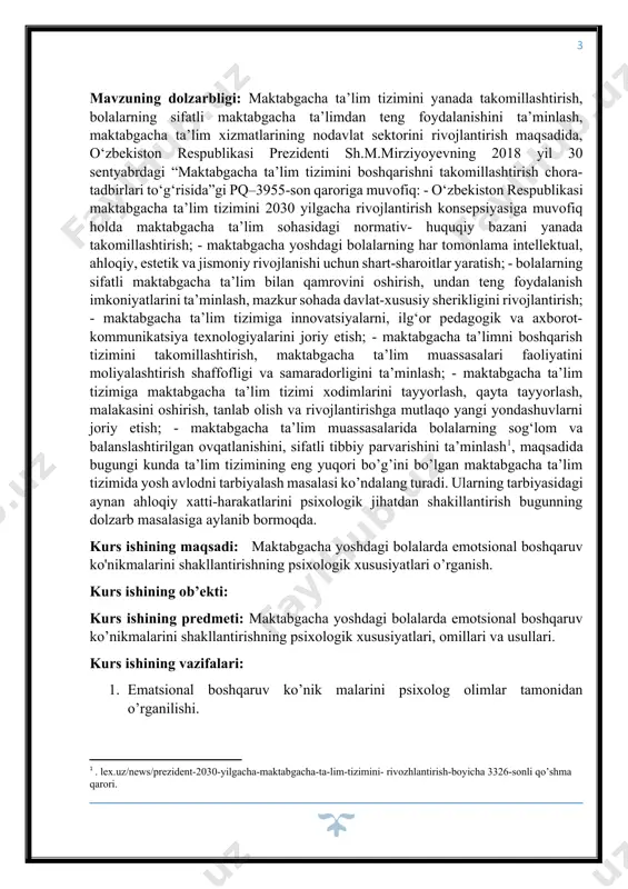 bolalarning o’ziga xos xususiyatlarini va emotsional qiyinchiliklari bo’lgan bolalarga yordam berish usullarini o’z ichiga oladi. asosiy nazariy yondashuvlar rivojlanish psixologiyasi (vigotskiyning madaniy-tarixiy nazariyasi, elkoninning faoliyat nazariyasi), emotsiyalar psixologiyasi (izard, ekman nazariyalari) va maktabgacha ta’lim psixologiyasiga asoslanadi. kurs ishi metodlari: tadqiqotda turli xil metodlar kombinatsiyasi qo’llaniladi, bu esa mavzuni har tomonlama o’rganishga imkon beradi. nazariy metodlar adabiyotlarni tahlil qilish, qiyosiy tahlil va modellashtirishni o’z ichiga oladi, bu esa mavzuning nazariy asoslarini chuqur tushunishga yordam beradi. empirik metodlar esa kuzatuv, intervyu, so’rovnoma, testlar va pedagogik eksperiment kabi usullarni o’z ichiga oladi. kurs ishining nazariy ahamiyati: ushbu tadqiqot emotsional boshqaruv sohasidagi mavjud bilimlarni kengaytirish va chuqurlashtirishga qaratilgan. tadqiqot emotsional boshqaruv ko’nikmalarining tarkibiy qismlarini aniqlashga, ularning o’zaro bog’liqligini ochib berishga, maktabgacha yoshdagi bolalarning emotsional rivojlanishiga ta’sir etuvchi psixologik omillarni aniqlashga va emotsional boshqaruvni rivojlantirishning yangi nazariy modellarini yaratishga qaratilgan. ushbu ish orqali, emotsional boshqaruvning nazariy asoslari yanada mustahkamlanadi va kelajakdagi tadqiqotlar uchun yangi yo’nalishlar …