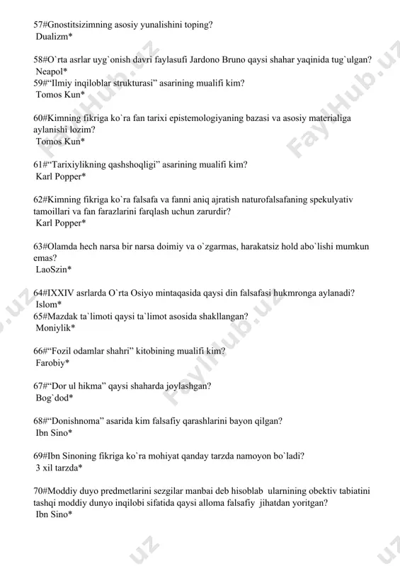 afois”* 90#konfutsiy ta'limotidagi li tushunchasi qanday ma'noni bildiradi? tartib qoida ma'nosini* 91#qaysi buyuk faylasuf aristotelning “metafizika” asariga sharh yozgan? abu nasr forobiy* 92#ontologiya atamasi qaysi asrdan boshlab ishlatilgan? xvii asrdan* 93#qadimgi hind tafakkurining ilk yodgorliklari nima deb ataladi? vedalar* 94#ilk yunon faylasuflari o`z asarlarini odatda nima nom bilan ataganlar? tabiat haqida** 95#markaziy osiyoning eng qadimgi kitobini aniqlang? avesto* 96#qaysi asrda borliqni tushunishi tarixiylik, insonning mavjudligi, qadryatlari va til bilan bog`lab uning talqininio`ta kengaytirdi? xx asr* 97#obektiv rivojlanuvchi g`oya kategoriyasini kim ishlab chiqqan? gegel* 98#dunyoning paydo bo`lishi va evalyutsiyasi haqidagi hozirgi ilmiy tasavvurlar so`ngi nechi yil ichida vujudga kelgan? 400 yil* 99#ilmiy tasavvurlarga ko`ra biz yashayotgan sayyora tahminan qancha yil oldin paydo bo`lgan? 4,5 milliard yil oldin* 100#quyidagi qaysi atama o`zo`zida maqsadga ega bo`lgan ma`nosini beradi? entelexiya* 101#biz qor bosgan quyunlar charx urayotgan tog`lar orasida turibmiz. qarshimizda ba`zan tuman pardasi osha so`qmoqlar namayon bo`ladi….. ushbu fikrlar mualifi kim? uilyam jems* 102#yunon …