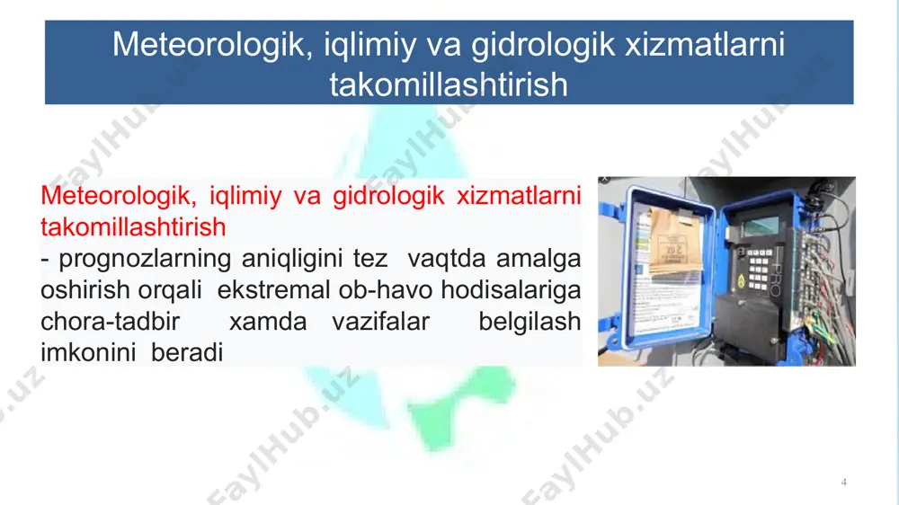 stantsiya hisoblanadi 24 1 2 3 4 gidrometeorologik tarmoq maqsadi joylarda gidrometeorologik xizmatini tashkil etish xalq xo‘jaligini barcha tarmoqlarini va mudofa tizimini meteorologik va gidrologik ma’lumotlar bilan ta’minlash 25 gidrometeorologiya xizmatining asosiy vazifalari suv ob’ektlarining gidrologik rejimini o‘rganish; xalq xo‘jaligining barcha tarmoqlarini, mudofa tizimini va boshqa sohalarni kerakli gidrometrik ma’lumotlar bilan ta’minlash; soha yo‘nalishida ilmiy tadqiqot ishlari olib borish; kuzatish va tadqiqot ishlari natijalarini alohida yilnomalar va ma’lumotnomalarda chop etish. 26 27 kuzatishlarning vazifasi suv ob’ektlarining gidrometeorologik rejimini o‘rganish maqsadida muntazam kuzatishlar olib borish; turli manfaatdor tashkilotlarni zarur gidrometeorologik ma’lumotlar bilan ta’minlash, ularni xavfli gidrologik hodisalardan ogohlantirish; kuzatish postlaridagi muntazam ravishda kuzatishlar olib borish; mahalliy aholi orasida soxa faoliyatini ommalashtirish 28 adabiyotlar: 1.t. davie. fundamentals of hydrology. second edition. madison avenue, new york, 2008 y. 221 p. 2.elizabeth m. shaw hydrology in practice.third edition.2005.-145b. 3.rasulov a.r., xikmatov f.x., d.p. aytboev. gidrologiya asoslari, «universitet», toshkent, 2003,326 bet. 4.karimov s.k., akbarov a.a., …