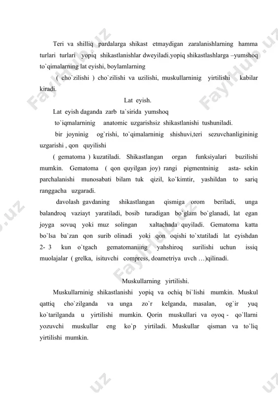 yadi yoki butunlay yo`qoladi. boylamlarning cho`zilishi va yirtilishi bug`imda uning hajmidan oshib ketadigan xarakat bulganda uni maxkam ushlab turadigan boylam apparati cho`ziladi. ba`zan esa yirtiladi. bug`im sohasida og`riq, va shish xarakatlarninig cheklanish kuzatiladi. boylamlar yirtilganda gematoma paydo bo`ladi va xarakat keragidan ortiqcha bo`ladi. oyoq - qo`lga orom berish zarur. bug`im soxasiga bosib turadigan bog`lam bog`lanadi. dastlabki kunlari sovuq, keyinchalik issiq muolajalar mahalliy qullaniladi. boylam yirtilganda gips bog`lam quyiladi, konservativ davoalsh yahshi natija bermaganda operatsiya yo`li bilan davo qilinadi. ezilish sindromi. oyoq - qullar tananing boshqa qismlari yumshoq tuqimalarninig zilzila vaqtida, bosib qolishda va boshqalarda uzoq muddatgacha turli narsalar (daraxt, toshlar, beton plitalar, uta og`ir buyumlar va hokazo) ostida bosilishi oqibatida yuz beradigan ma`lum simptomlar kompleksi e z i l i sh sindromi deyiladi. yoki shikastlanish taksikozi deyiladi. bunda muskullar teri osti yog` kletchatkasi tomirlar va nervlar suyaklar majaklanadi va sinadi. uzoq vaqt ezilish natijasida muskullar va boshqa tuqimalar qonga yolchimay …