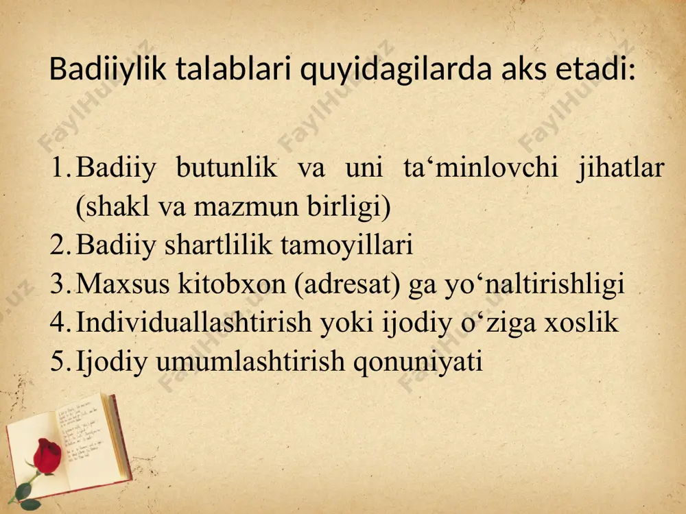 kitobxon yoki mutaxassis) adresatga yo‘naltirilganlik qonuni individullashtirish qonuni, yoki ijodiy originallik ijodiy umumlashtirish (sho‘ro adabiyotshunosligida tipiklashtirish). bu qonuniyatlar ayrim manbalarda badiiylik moduslari deb yuritiladi. v.tyupa yuqorida tilga olingan qonuniyatlarni hisobga olgan holda pafos turlari (qahramonlik, satira, yumor, fojiaviylik v.b.)ni hamda idillik, ironik, elegik modus turlarini farqlaydi. lekin san’at asarining badiiylik tabiatini o‘rganuvchi yagona qat’iy qoidani joriy qilib bo‘lmaydi. chunki estetik faoliyat turlari ko‘p bo‘lgani kabi har bir san’at asarining o‘ziga munosib tarzda belgilangan tashqi va ichki xususiyatlari doirasi bo‘ladi. bu jarayonni har bir adib o‘ziga kechirgani kabi har bir matnda badiiylik o‘ziga xos tarzda yuzaga chiqadi badiiylik qonuniyatlari zamon va makon kesimida o‘zgarishi ham mumkin. antik estetlar yaratgan badiiylik qonuniyatlari bilan gegel estetikasidagi badiiylikdan farq qilgani kabi sharq badiiylik tizimi g‘arbiy evropa badiiylik qonuniyatlaridan ham farqlanadi. badiiylik har bir milliy-estetik tajribadan kelib chiqqan holda ham o‘ziga xos jihatlar bilan boyishi mumkin savol va topshiriqlar badiiy adabiyot spetsifikasi deganda nimani tushunasiz? …
