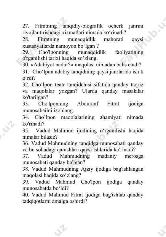 da yangi inson tasviri uchun kurash va uning oqibatlari haqida nimalar bilasiz? 50. otajon hoshim ilmiy merosining o'rganilishi haqida nimalar bilasiz? 51. 0tajon hoshim hayoti va ijodiy yo'li haqida gapiring. 52. 0tajon hoshimning adabiy-nazariy qarashlari haqida so‘zlang. 53. 0tajon hoshim va oybek munosabatlari haqida nimalar bilasiz? 54. 0tajon hoshim ijodida uchraydigan nuqsonlarning kelib chiqish sabablarini izohlang. 55. sotti husayn ijodiy biografiyasi haqida so‘zlang. 56. sotti husayn ilmiy va ijodiy merosiga munosabatingiz qanday? 57. sotti husaynning «o'tkan kunlar» romani va uning muallifiga munosabati qanday bo‘lgan? 58. ikkinchi jahon urushi yillarida adabiy tanqid qay xususiyatlarda namoyon bo‘ldi? 59. ijobiy qahramon muammosiga doir izlanishlarning qusur va fazilatlari nimada? 60. konflikt muammosining hal etilishi haqida gapiring. 61. «konfîiktsizlik nazariyasi» haqida nimalar deya olasiz? 62. 50-yillarda qaytadan xuruj qilgan nigilizm va “alpomish» dostoni atrofidagi munozaralar haqida so‘zlang. 63. davr adabiy tanqidi «qutlug‘ qon» romaniga qanday munosabat bildirdi? 64. 60-yillar adabiy tanqidining o‘ziga xos xususiyatlari nimalarda …