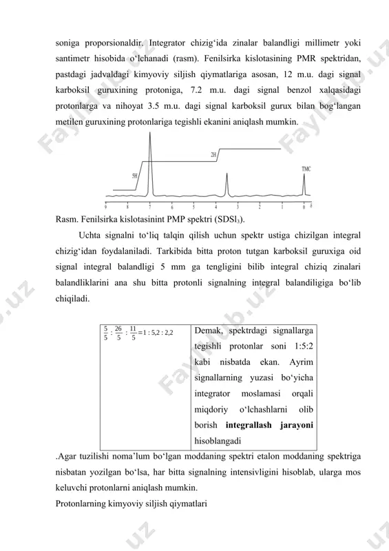 spektr bilan taqqoslash ma’lum darajada yordam beradi. vodorod atomini deyteriy atomiga almashtirish amaliyotda keng o‘rin olgan. deyteriy atomi massasi juft, tartib nomeri toqson bo‘lgani uchun uning spini yaxlit son, ya’ni 1 ga teng. vodorod atomini deyteriyga almashtirilsa molekuladagi elektronlar zichligi deyarli o‘zgarmasdan qoladi. agar o‘rinbosar spini nolga teng bo‘lsa, spin-spinlar ta’siri natijasida sodir bo‘lgan spektrning murakkablashishiga barham beriladi. deyteriy bu sinfdagi o‘rinbosarga kirmaydi, ammo ular ko‘pincha magnitli xususiyati bo‘lmagan o‘rinbosarlar deb qaraladi, chunki deyteriy yaxlit spinga ega bo‘lgani uchun proton hosil qiladigan sohadagi chastotalarda signal hosil qilishi mumkin emas, bunday yadrolar yadro-kvadr upolrezonansi uslubi yordamida o‘rganiladi. demak, molekuladagi ayrim vodorod atomlarini deyteriyga almashtirib spektrlarning murakkab chiqishiga sababchi bo‘lgan spin-spin ta’sirlar yo‘qotiladi. pmr spektrlarini olishda vodorod atomlari deyteriyga almashtirilgan erituvchilar keng miqyosda foydalaniladi, chunki bunday erituvchilarda proton bo‘lmagani uchun namunaning spektridagi signallarga xalaqit bermaydi. bunday erituvchilarga og‘ir suv (d2o), deytero atseton (cd3cocd3), deyterometanol (cd3od), deyteroxloroform (cdcl3) lar misol bo‘lishi mumkin, ammo …