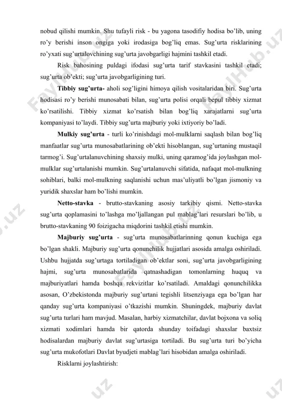i hamda boshqa rekvizitlar ko’rsatiladi. amaldagi qonunchilikka asosan, o’zbekistonda majburiy sug’urtani tegishli litsenziyaga ega bo’lgan har qanday sug’urta kompaniyasi o’tkazishi mumkin. shuningdek, majburiy davlat sug’urta turlari ham mavjud. masalan, harbiy xizmatchilar, davlat bojxona va soliq xizmati xodimlari hamda bir qatorda shunday toifadagi shaxslar baxtsiz hodisalardan majburiy davlat sug’urtasiga tortiladi. bu sug’urta turi bo’yicha sug’urta mukofotlari davlat byudjeti mablag’lari hisobidan amalga oshiriladi. risklarni joylashtirish: 1) sug’urta manfaati tufayli yuzaga keladigan sug’urtaviy huquqiy munosabatlarning boshlanish jarayoni. risklarni birlamchi, ikkilamchi va uchlamchi joylashtirish mos ravishda to’g’ridan to’g’ri sug’urtalash, qayta sug’urtalash va retrotsessiyani anglatadi. bozor munosabatlariga asoslangan iqtisodiyotda risklarni joylashtirish sug’urta vositachilari orqali sug’urta bozorida amalga oshiriladi; 2) sug’urta brokeri yordamida bir vaqtning o’zida yirik va xavfli risklarni qismlarga bo’lib bir nechta sug’urta kompaniyasida sug’urtalash uslubi. bir qancha sug’urta kompaniyalari tarkibidan bittasi etakchi sifatida ajralib chiqadi va u sug’urta shartnomasidagi shartlarni ma’qullab, riskning tegishli qismini o’z javobgarligiga oladi. keyin, broker boshqa sug’urta kompaniyalariga murojaat …