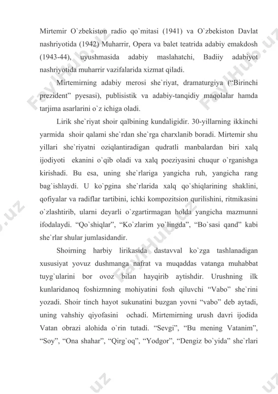 . shundan keyin shoir ko`p yillar mobaynida bo`lajak turkum uchun materiallar yig`adi, bir necha marta qoraqalpog`istonga boradi, qardosh xalqning hayotini, madaniyatini, adabiyotini o`rganadi. shu maqsadda 1957-yili “qoraqalpoq daftari” maydonga keladi. 20 she`rdan iborat bo`lgan bu turkum qardosh xalqning bugungi hayoti va odamlari haqidagi yaxlit poetik qissadir. “qoraqalpoq daftari” haqiqiy poeziyaning ashaddiy dushmani bo`lgan ritorikadan, quruq suxandonlikdan sun`iy yaltiroqlikdan, bachkana balandparvozlikdan xoli. shoir har bir she`rida shunday poetik obrazlar, shunday detallar ishlatadiki, ular tufayli biz hayotning ulug` haqiqatlarini chuqurroq bilib olamiz, hayotning shu pay tgacha bizga ko`rinmagan tomonlarini ko`rib, uning go`zalligini, nafosatini his etamiz. shu ma`noda “qoraqalpoq daftari” ga kirgan qariyb har bir she`rni poetik kashfiyot deb atash mumkin. “qoraqalpoq daftari” turkumiga mirtemirning “surat” degan ixcham lirik qissasi ham kiradi. shoir poemalari ichida ana shu asar alohida ajralib turadi. bu lirik qissa mirtemirning inson ruhini butun murakkabligi bilan tasvirlay olishidan, “qalb dialektikasi” ga chuqur kira olganidan dalolat beradi. poema yaxlit syujet …