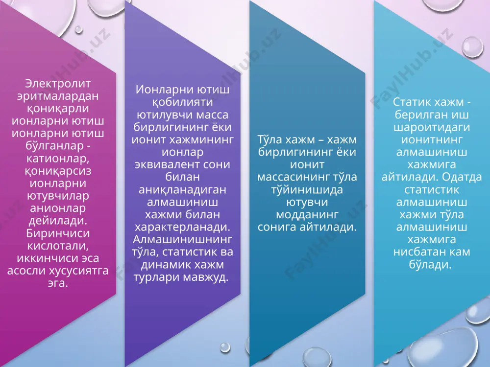 антасига боғлиқ. кучли кислотали катионлар жараённи хохлаган мухитда олиб бориш имконини беради, кучсиз катионитали эса ишқорли ва нейтрал мухитларда. шундай қилиб, катионитлар рн>7 бўлганда карбоксил гуруҳ ионлари билан алмашилади, рн>8 да фенол группалар билан алмашинади. ионитлар сувда эримайди, аммо маълум чегарада бўкувчи гель сифатида сувнинг маълум миқдорини ютиб бўкади. ионитларнинг бўкиши натижасида микро ғовакларнинг ўлчами 0,5 - 1,0 мм (5 - 10 å) дан 4 мм (40 å) гача ошади, микроғовакларнинг ўлчами эса 70 - 130 мм (700 - 1300 å) ни ташкил қилади. бунда ионитларнинг хажми 1,5 - 3 марта ошади. бўкиш даражаси смоланинг тузилишига қарама-қарши ионларнинг табиатига, эритманинг таркибига боғлиқ. бўкиш ионларнинг алмашиниш тезлигига ва тўлалигига, шуниндек ионитларнинг селективлигига таъсир этади. у алмашинишнинг бошланғич ва охири осмо босимлар фарқи ионитнинг тузилиш ва сиқилиш кучлари тенглашганда тўхтайди. гель кўринишдаги кучли бўкувчи смолалар 0,1-0,2 м2/г бўлган солиштирма алмашиниш юзасига эга. макроғовакли ионитлар60 - 80 м2/л га тенг бўлган ривожланган алмашиниш …