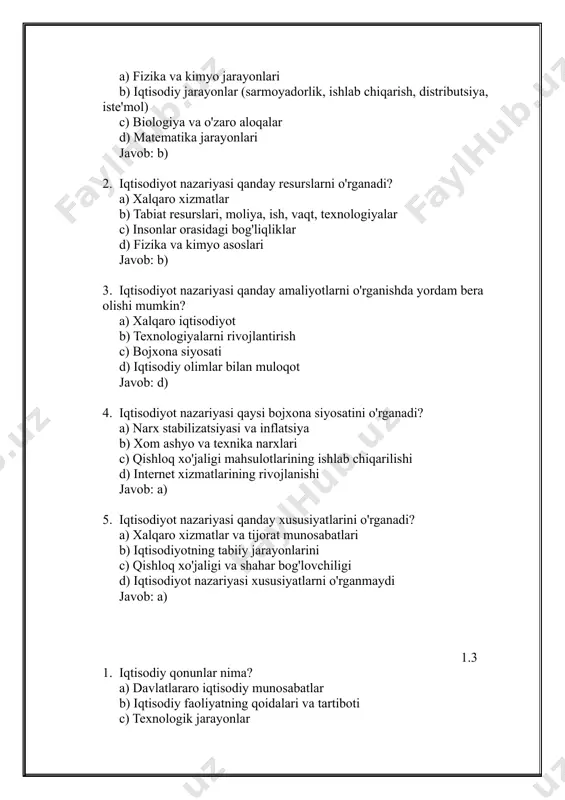 iluvchilar orasidagi munosabatlar c) ishlab chiqarish va tijoratning umumiy metodlari d) sarmoyadorlik, kapitalistik tizimda moliyaning samarali ishlatilishi javob: d) 3. "inflatsiya" nima? a) sarmoyadorlikni oshirish b) pulning sifatli ishlash usullari c) narxlar va bojxona siyosati d) moliyaning qiyinchiliklari javob: a) 4. "monopoliya" nima uchun muhimdir iqtisodiy qonunlarda? a) o'zaro xizmat kiluvchilar orasidagi munosabatlar b) moliyaning samarali ishlatilishi c) ishlab chiqarish va sotishning tartibi d) tijoratda konkurensiya yo'qotilishi javob: d) 5. "fiskal siyosat" nima bilan bog'liq? a) bojxona siyosati va inflatsiya b) davlat moliyasining ishlatilishi c) narxlarning barqarorligi d) sarmoyadorlikning o'sishi javob: b) 1.4 1. iqtisodiy jarayonlarni ilmiy bilishda qaysi asosiy usul ko'rsatilgan? a) iqtisodiy xususiyatlarni baham ko'rish b) tahlil va ta'riflash c) aniq ma'lumotlarni eslab qolish d) texnik tashabbuslar javob: b) 2. iqtisodiy jarayonlarni tahlil qilishda qaysi metodlar amalga oshiriladi? a) fizika va kimyo jarayonlar b) umumiy ma'lumotlar c) aniq ma'lumotlarni eslab qolish d) bojxona siyosati javob: c) 3. iqtisodiy …