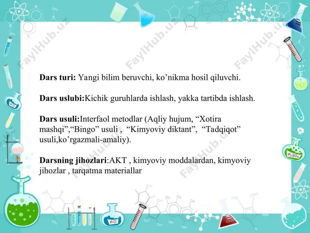 b 3. qaysi elementning ekvivalenti 9 ga teng? “bingo” o’yini javoblar savollar 1869 1834 1907 1.davriy jadval nechanchi yilda kashf etilgan? “kimyo asoslari” “minerologiya” “oltin xillari” 2. abu rayhon beruniyning kimyoga oid asarining nomi? mg ca cl 3. ekvivalenti 12 ga teng bo’lgan oddiy modda ? magniy vodorod oltingugurt аzot kremniy jadval asosidagi diktant. мavzu: ekvivalentlik qonuni 1. vodorodning 2 ta atomi va kislorodning 2 ta atomi - j: h2o2 2. vodorodning 2 ta atomi, oltingugurrtning 1 ta, kislorodning 4 ta atomi – j; h2so4 3. litiyning 2 ta atomi, kislorodning 1 ta atomi – j:lio2 4. vodorodning 2 ta atomi, marganesning 1 ta atomi, kislorodning 4ta atomi - j: h2mno4 5. kaliyning 1 ta atomi, xlorning 1 ta atomi , kislorodning 3 ta atomi - j:kcl3o 6.mgo ning ekvivalent massasi -28g/ekv ga teng 7. suvning ekvevalent massasi- 9g/ekv ni tashkil etadi. 8. ekvivalent birligi - “molyar ” ni belgilaydi. …