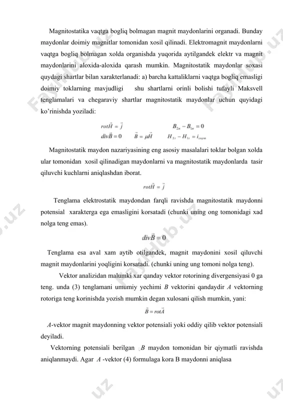 entidagi tok zichligi. integrallash xajmi elementi dv dan potensial xisoblanayotgan nuqtagacha bolgan masofa. 4. endi bio-savar laplas qonunining matematik ifodasini keltirib chiqarish juda oson. bio va savarlar eksprementator olimlar bolib, juda kop tajribalar otkazish yoli bilan tokli otkazgichlarni xosil qiladigan magnit maydonlarini organishib qonuniyatini aniqlashganu, lekin matematik ifodasini chiqarishga qiynalib laplasni taklif qilishgan. uchchovlari xamkorlikda shu magnitostatikaning eng asosiy qonunini ixcham matematik korinishda olishga muvoffiq bolishgan. uni keltirib hiqarish uchun (12) dan ani qiymatini (4) ga qoyamiz: ni yozishda rotor operatsiyasi integrallash soxasiga tegishli bolmagan maydon aniqlanayotgan nuqta koordinatalari ustida bajarilgani sababli, rotor belgisini integral ostiga kiritilgan. integral ostidagi ifodani vektor analizining formulasida foydalanib ozgartirsak va vektor bilan rotor operatsiyasi ozaro bogliq bolmagan kattaliklarga bogliqligi uchun bolishini va ekanligini xisobga olsak (14) quydagi korinishni oladi: · munosabat asosida (15) dan formulani olamiz. (14) va (15) formulalarda r radiusi vektor - integrallash xajmi elemantidan maydon aniqlanayotgan nuqtaga otkazilgan. oxirgi ifodadan ko’rinadiki, …