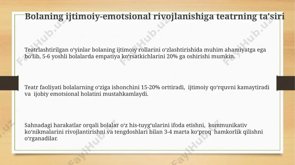 -o'zini ifoda etish va emotsional aqlni rivojlantirish, ijtimoiy moslashish darajasini 20% ga oshirish mumkin. teatr faoliyati 2-5 yoshdagi bolalarda tasavvur, ijodiy fikrlash va rollarga kirish qobiliyatlarini rivojlantirishga qaratilgan bo'lib, kamida 15 ta turli spektakl va o'yinlarni o'z ichiga olishi kerak. maktabgacha ta'lim muassasalarida teatrlashtirilgan o'yinlar orqali bolalarda 5-7 yosh oralig'ida ijtimoiy-kommunikativ ko'nikmalarni, nutq va ifoda vositalarini rivojlantirishga 30% hissa qo'shish maqsad qilinadi. e'tiboringiz uchun rahmat @taqdimot_robot image3.png image4.png