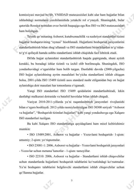 ormati hujjatlami uzoq muddatli saqlash uchun ham tashkilotlarda, ham arxivlarda (shu jumladan davlat arxivlarida) qo’llash uchun qulay format hisoblanadi. muassasalar, elektron kutubxonalar, raqamli arxivlar, boshqa muassasalar hamda insonlar uchun muhim ma’lumotlami taqdim etish uchun asosan pdf formatidan foydalaniladi. iso 19005 birinchi qismining asl maqsadiga to‘xtaladigan bolsak, pdf-asosidagi fayl formati pdf/а deb nomlanadi, bu elektron hujjatlami taqdim etish mexanizmidan qat’iy nazar vaqt o‘tishi bilan ulaming vizual tasvirini saqlashga imkon beradi. iso 19005ning ikkinchi darajali maqsadi tuzilmani ta’mini ashdir. shuningdek, metama’lumotlarda elektron hujjatlaming konteksti va tarixini tegishli fay liar ichida hujjatlashtirishni qamrab oladi. iso/tr 18492:2005 “hujjatlami boshqarish dasturi. uzoq vaqt davomida saqlaniladigan elektron hujjatga asoslangan axborot” deb nomlanuvchi standart hisoblanib, unda texnik qo‘mita tomonidan hujjatlami yaratish, ilova tizimlari, elektron hujjatni uzoq muddatli saqlanishiga oid ko‘rsatmalar ishlab chiqilgan. “amaliy hujjatlami yaratish va saqlash tizimlari” nomli konsepsiyasi asosida elektron hujjatlaming haqiqiyligi va mavjudligini ta’minlash, shuningdek, uzoq muddat foydalanishdagi amaliy usullar tayyorlangan. raqamli merosni saqlash …