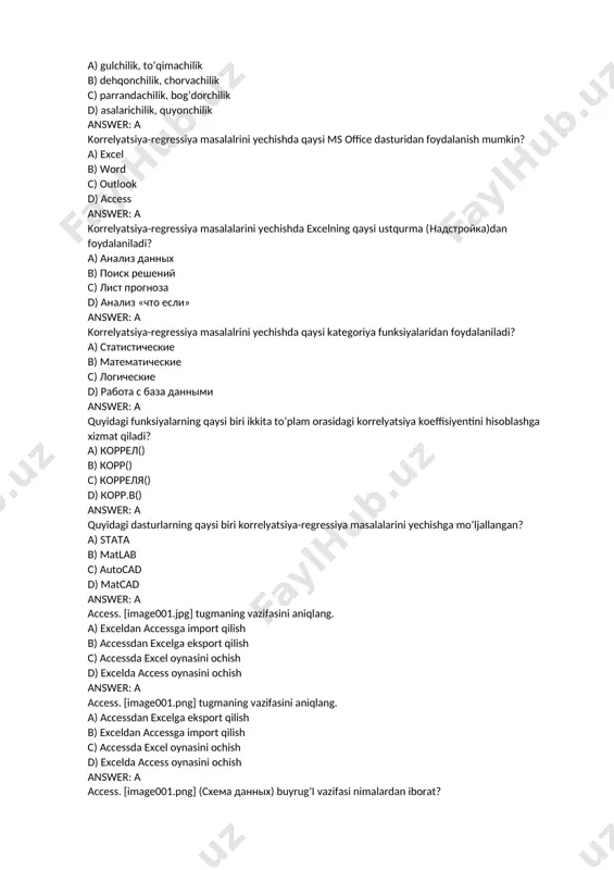 access oynasini ochish answer: a access. [image001.png] (схема данных) buyrug’i vazifasi nimalardan iborat? a) jadvallar maydonlari orasida bog’lanishlarni o’rnatish va sozlash b) jadvallarni sxema ko’rinishida tasvirlash c) mbni sxema ko’rinishida tasvirlash d) so’rovlar yaratish answer: a access. jadvallar orasidagi bog’lanishlarni o’rnatadigan va sozlaydigan buyruqni aniqlang. a) схема данных b) зависимость объектов c) анализ таблиц d) конструктор запросов answer: a access. sharepoint tugmasining vazifasi nima? a) mb ustida internet orqali jamoaviy ishlash b) mb ni internetga joylash c) mb ni boshqa shaxslar tomonidan buzilishidan saqlash d) mb ga grafik ob’ektlar o’rnatish answer: a срзнач() funksiyasining vazifasini aniqlang a) o’rta arifmetik qiymatni toppish b) yig’indini topish c) o’rtacha kvadratik chetlanishni toppish d) standart chetlanishni toppish answer: a сумм() funksiyasining vazifasini aniqlang a) yig’indini topish b) o’rta arifmetik qiymatni toppish c) o’rtacha kvadratik chetlanishni toppish d) standart chetlanishni topish answer: a стандотклон.в() funksiyasining vazifasini aniqlang a) standart chetlanishni topish b) o’rta arifmetik qiymatni …