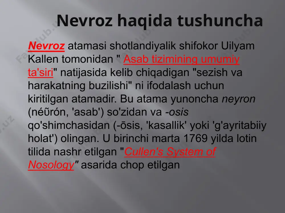 n i k t u r i d a bemorlar jismoniy va aqliy qobiliyatining pasayishi, toliqish va uyquchanlik belgilari kuzatiladi. a r a l a s h t u r i d a bemorlar birpasda asabiylashadilar. bu toliqish, uyquchanlik belgilari bilan almashinib turadi. nevrasteniyada vegetativ o‘zgarishlar ham kuzatiladi. etiologiyasi nevrasteniya nafaqat jahldor odamlar, balki oʼta andishali odamlarda ham rivojlanadi. аndishali odam janjal chiqqanda hissiyotga zoʼr bermaslikka va oʼzini boshqarib turishga harakat qiladi, birovning koʼnglini ogʼritib qoʼymay deydi. bu holatlar ham nevroz rivojlanishiga turtki boʼladi. shuningdek, vitaminlar yetishmovchiligi, kamqonlik, surunkali va ogʼir kasalliklar ham nevrasteniyaga olib kelishi mumkin. nevrasteniyaning klinikasi nevrasteniyaning klinikasi turli-tuman boʼlib, ular ichida tez-tez asabiylashish, jahldorlik, uyqu buzilishi, bosh ogʼrishi, bosh aylanishi, umumiy holsizlik, yurak urib ketishi, parishonxotirlik, aqliy va jismoniy mehnat faoliyatining pasayishi kabi simptomlar koʼp uchraydi. nevrasteniyani davolash nevrasteniyada davolash muddati va natijasi koʼproq uning toʼgʼri olib borilishiga bogʼliq. davolashni boshlashdan oldin nevrasteniyaga olib keluvchi sabablar …