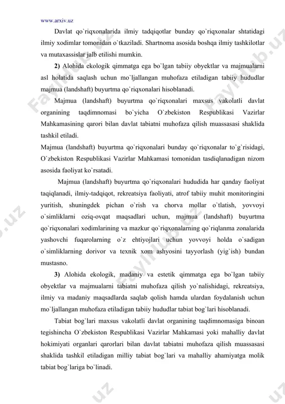 tomonidan tasdiqlanadigan nizomlar asosida faoliyat ko`rsatadi. tabiat bog`larining hududi tabiat bog`lariga foydalanishga berib qo`yiladigan yer uchastkalarida, shuningdek boshqa yuridik va jismoniy shaxslarning tabiat bog`lari chegaralari doirasidagi yer uchastkalarida joylashadi. tabiat bog`larining xo`jalik maqsadida va boshqa tarzda foydalanish zonalarida aholining istiqomat qilishiga, yuridik va jismoniy shaxslarning tabiiy obyektlar va majmualarga zarar yetkazmaydigan faoliyatiga yo`l qo`yiladi. har bir zonaning rejimi tabiat bog`lari to`g`risidagi nizomlarda belgilanadi. tabiat bog`larining hududida quyidagilar taqiqlanadi: daraxt va butalarni kesish (parvarishlash yo`sinidagi va sanitariya maqsadidagi kesish bundan mustasno); gidrologik va gidrogeologik rejimni o`zgartiradigan harakatlar; tuproq eroziyasini, o`simlik va hayvonot dunyosining tanazzulini keltirib chiqaruvchi harakatlar; tabiat bog`larining faoliyati bilan bog`liq bo`lmagan yo`l va muhandislik-kommunikatsiya ishlarini amalga oshirish; chiqindilarni saqlash va ko`mish, oqava suvlarni oqizish; tirik organizmlarning yangi va kenja turlarini iqlimlashtirish maqsadida joylashtirish. tabiat bog`larida tabiiy obyektlar va majmualarga zarar yetkazishi mumkin bo`lgan faoliyatning boshqa turlari ham cheklanishi yoki taqiqlanishi mumkin. tabiat bog`larining faoliyat ko`rsatishi uchun yo`llar, boshqa kommunikatsiyalar …