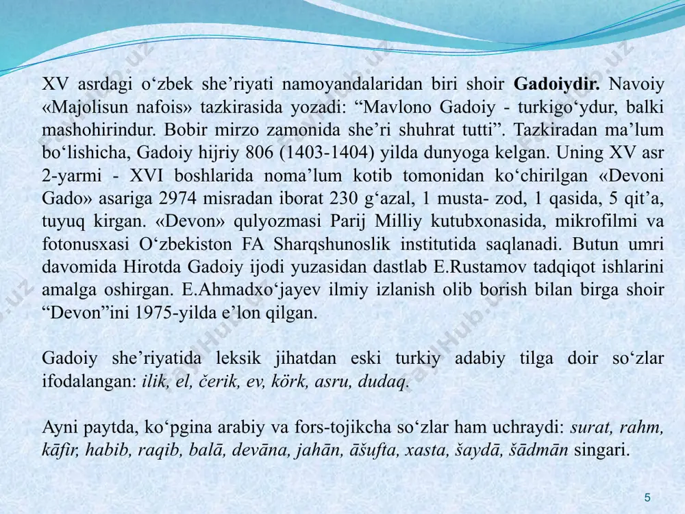 manga, qayǧuǧa, čïqmaqqa, devānalarnï, baǧrïn, laš- karin, aǧzïna, oqïna, qayǧudïn. umuman, sakkokiy ham o‘zbek adabiy tilini taraqqiyotiga samarali ulush qo‘shgan shoirlardan biridir. lutfiy o‘zbek adabiyotining‘ yirik siymolaridan biri, 1366 (yoki 1367) -yilda hirotda tug‘ilgan. shoir 99 yil umr ko‘rgan, shu davrda xuroson va movaraunnahrda yuz bergan juda ko‘p tarixiy voqealarning guvohi bo‘lgan. lutfiy eng yirik zullisonayn shoir sanaladi.. lutfiyning o‘zbek tilidagi she’rlari o‘z davrida devon holiga keltirilgan va juda mashhur bo‘lgan. bizgacha shoirning xvi-xx asrlar mobaynida ko‘chirilgan turkiy devonining 33 qo‘lyozma nusxasi yetib kelgan bo‘lib, ular toshkent, dushanbe, istanbul, tehron, london, parij, sankt-peterburg kutubxonalari va qo‘lyozma fondlarida saqlanadi. 10 e.ahmadxo‘jayevning aniqlashicha, shoir qalamiga mansub mavjud she’rlarning umumiy miqdori 2775 bayt yoki 5550 misradan iborat. ularning katta qismi (2086 bayti) g‘azal janrida yozilgan. u xalq jonli tilidan foydalanib, yangi-yangi badiiy til vositalarini va o‘ziga xos bayon etish uslubini yaratgan: ey yüzigä baqsalar, ölärmen, xuršidni, netäy, yašursa bolmas. hayāt suyïǧa eltib, suvsïz …