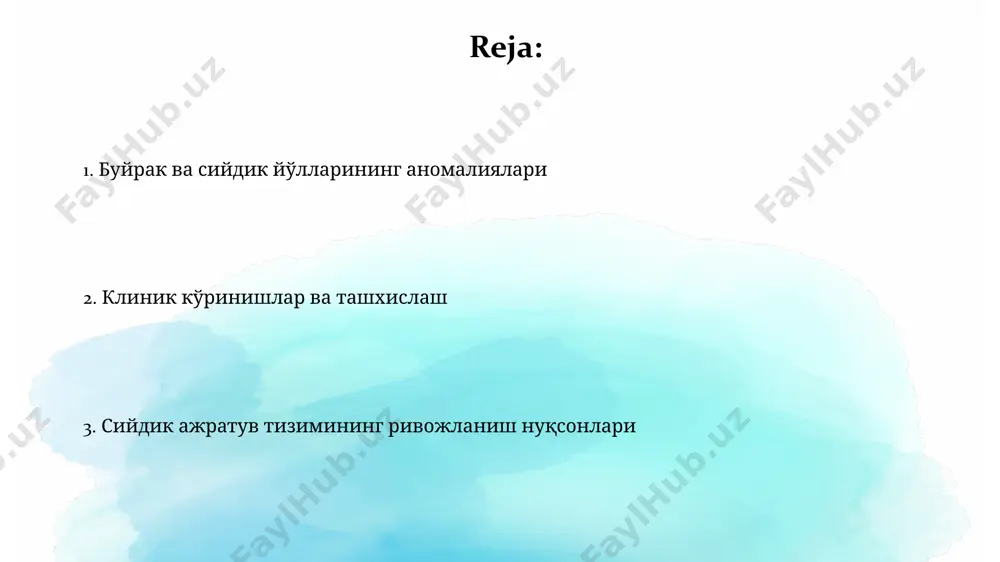 kasalligi (pkbk) bilan tugʻilgan chaqaloqlarning taxminan 10%ida buyrak yetishmovchiligi rivojlanadi, bu esa dializ yoki transplantatsiya kabi davolash usullarini talab qiladi. genetik mutatsiyalar, jumladan, pkd1 va pkd2 genlaridagi mutatsiyalar polikistoz buyrak kasalligining rivojlanishida muhim rol o'ynaydi, bu mutatsiyalar kasallikning og'irlik darajasini belgilashda muhim ahamiyatga ega. siydik yo'llarining rivojlanish nuqsonlari siydik pufagi ekstrofiyasi, siydik yo'llarining og'ir tug'ma nuqsonlaridan biri bo'lib, 5000 tug'ilishdan 1 tasida uchraydi va qovuqning to'liq yoki qisman tashqi tomonga chiqib ketishi bilan tavsiflanadi. gidronefroz, siydikning buyrak chanoqchasida to'planishi bilan tavsiflanadigan holat, homiladorlikning 1% da uchraydi va tug'ma siydik yo'llari obstruktsiyasi yoki reflyuksining natijasi bo'lishi mumkin. uretra atreziyasi uretra atreziyasining ogʻirligi turlicha boʻlishi mumkin, siydik pufagi distenziyasi (kengayishi) va buyrak yetishmovchiligi kabi jiddiy asoratlarga olib kelishi mumkin, bu esa 1-2 haftalik hayot davrida paydo boʻladi. uretra atreziyasi diagnostikasi antenatal ultratovush tekshiruvi orqali aniqlanishi mumkin va tugʻruqdan keyin siydik yoʻli rentgenografiyasi yoki sistoskopiya kabi qoʻshimcha tekshiruvlarni talab qiladi, jarrohlik davolashni talab …