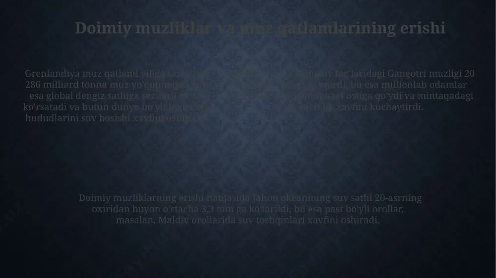 r tufayli 2030-yilga borib 1 million odam suvga bog'liq kasalliklarga chalinishi taxmin qilinmoqda. cho'llar kengayishi va qurg'oqchilik sahrolashib borayotgan hududlarda 30% gacha suv resurslari yo'qolishi kuzatilmoqda, masalan, o'zbekistonning qoraqalpog'iston respublikasida bu ko'rsatkich 25% ni tashkil etadi, bu esa qishloq xo'jaligiga jiddiy zarar yetkazmoqda. cho'llar kengayishi jahon miqyosida 1970 yildan buyon 1 million kvadrat kilometrga ko'paygan, bu esa 10% ga teng va markaziy osiyo mintaqasida qurg'oqchilikning kuchayishiga olib kelmoqda. aqshning g'arbiy qismida so'nggi 50 yilda cho'l maydonlari 15% ga oshgan va bu jarayon bilan bog'liq bo'lgan qurg'oqchilik tufayli kaliforniya shtatida 2021 yilda 8 milliard dollar iqtisodiy zarar yuz bergan. e'tiboringiz uchun rahmat @taqdimot_robot