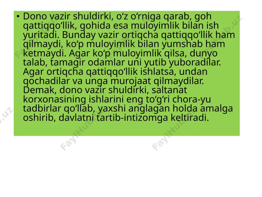 at atrofi da adolat hukm surmasa, u inqirozga yuz tutadi. abdulloh muqni podshoh o‘zlarini adolat bilan bezatishlari kerak, xalq bunday podshohga ehtirom ko‘rsatishi zarur. aflotun eng mushkul ish qonunni joriy qilishdir. qonunga shubha bilan qarash hamda qonun ustidan arz qilish esa eng oson ishdir. xalq qonunlarga ehtiyoj sezishi va ularni o‘rganishi zarur, chunki ular keyinchalik xalqning o‘ziga foyda keltiradi”. yaxshilar mas’uliyat bilan ish qilishlari uchun qonunlarga muhtoj bo‘lmaydilar. yomonlar qonunlarga chap berish uchun yo‘l topadilar. ali ibn abu tolib adolat – oxiratda najot, dunyoda saodat boshi. sitseron mark tulliy hukumat – so‘zlovchi qonun, qonun esa gung hukumatdir. ozod bo‘lish uchun qonunlarning quliga aylanishga to‘g‘ri keladi. monteskiyo agar sud hokimiyati ijro hokimiyati bilan birlashsa, u holda sud hakami sitamgarga aylanishiga imkoniyat tug‘iladi. muhammad kamol pilav inson tarbiyasining darajasi boshqaning huquqini hurmat qilish bilan belgilanadi. majididdin xavofiy oltin va kumushi bo‘lmagan odam kambag‘al emas, balki es-xushi va kasb-hunari bo‘lmagan kishi kambag‘aldir. alisher …
