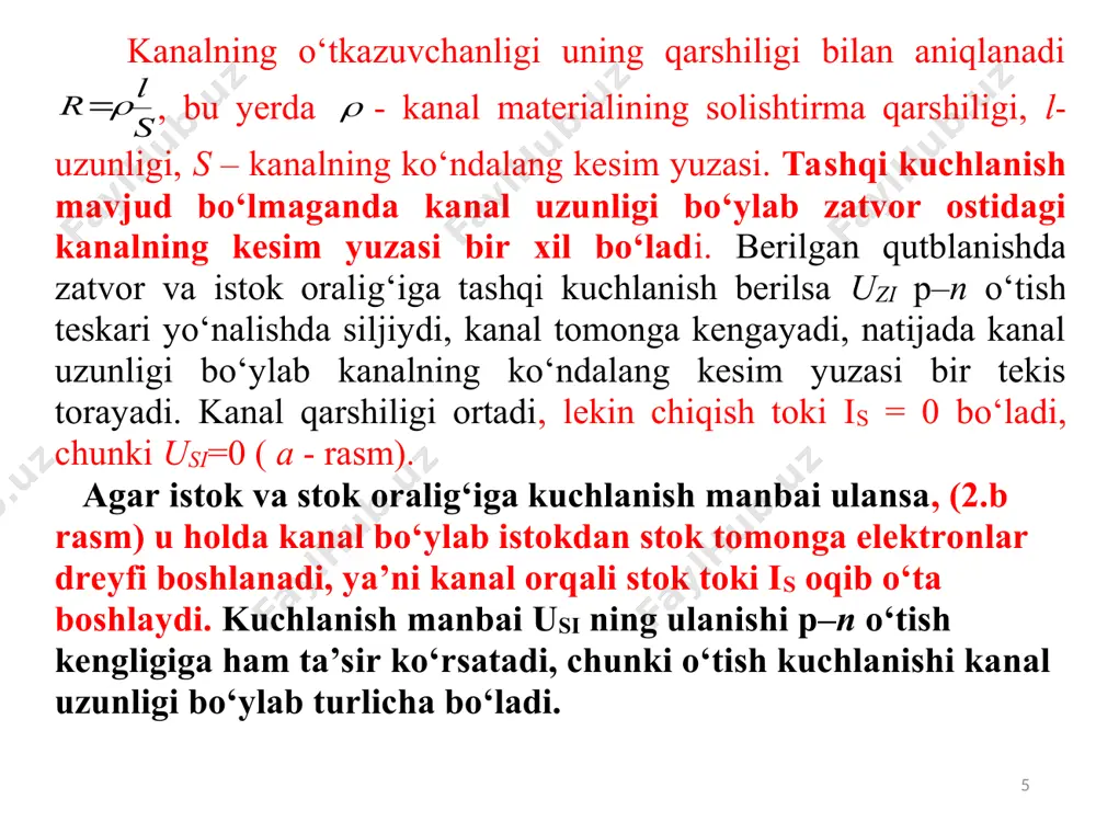 hlaydi. kuchlanish manbai u si ning ulanishi p–n o‘tish kengligiga ham ta’sir ko‘rsatadi, chunki o‘tish kuchlanishi kanal uzunligi bo‘ylab turlicha bo‘ladi. s l r r = r kanalning o‘tkazuvchanligi uning qarshiligi bilan aniqlanadi , bu yerda - kanal materialining solishtirma qarshiligi, l- uzunligi, s – kanalning ko‘ndalang kesim yuzasi. tashqi kuchlanish mavjud bo‘lmaganda kanal uzunligi bo‘ylab zatvor ostidagi kanalning kesim yuzasi bir xil bo‘ladi. berilgan qutblanishda zatvor va istok oralig‘iga tashqi kuchlanish berilsa uzi p–n o‘tish teskari yo‘nalishda siljiydi, kanal tomonga kengayadi, natijada kanal uzunligi bo‘ylab kanalning ko‘ndalang kesim yuzasi bir tekis torayadi. kanal qarshiligi ortadi, lekin chiqish toki is = 0 bo‘ladi, chunki usi=0 ( a - rasm). agar istok va stok oralig‘iga kuchlanish manbai ulansa, (2.b rasm) u holda kanal bo‘ylab istokdan stok tomonga elektronlar dreyfi boshlanadi, ya’ni kanal orqali stok toki is oqib o‘ta boshlaydi. kuchlanish manbai usi ning ulanishi p–n o‘tish kengligiga ham ta’sir ko‘rsatadi, chunki …
