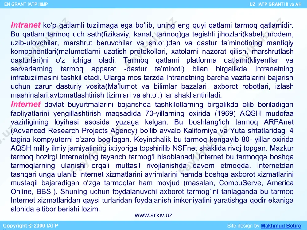 monidan internetga qiziqish yo‘q edi, chunki unga ulanish va unda ishlash texnologiyasi oddiy foydalanuvchilar uchun qulay emas edi. internetdan yalpi foydalanishda birinchi qadam web texnologiyasining yuzaga kelishi bo‘ldi. web texnologiyasining yaratilishi shaxsiy kompyuter (shk)lar yaratilishiga o‘xshash revolyutsion hodisa deb qaralmoqda. bu texnologiyaning ajoyib tomoni shundaki, ishni kichik sarf-xarajatlardan boshlash mumkin. bunda varaqlovchi dastur (brouzer, navigator) va web - server bo‘lsa kifoya. web -serverni esa tashkilotda bor bo‘lgan kompyuterda qilsa bo‘ladi, va harbir yangi rivojlantirish natijasida salmoqli natijalarga erishish mumkin. shk yaratilguncha ham hisoblash resurslariga bo‘lgan yondoshuv 1-10 mln kishi bo‘lgan bo‘lsa, shk yaratilgandan so‘ng foydalanuvchilar soni 10-50 marta ortgan edi. hozirgi kunda jahon bo‘yicha 100-200 mln. shk ishlab turibdi, lekin 100 mln. yer yuzi aholisidan bor yo‘g‘i 2% tini tashkil etadi. web texnologiya yaratilishi bilan aholini yangidan yangi qatlamlari kompyuterdan foydalanishni boshladi. bulardan 2 alohida qatlamlarni ajratib ko‘rsatilsa, bular: 1) jamiyat elitar guruhi- tashkilot rahbarlari, bank prezidentlari, menejerlar, davlat ma’sul …