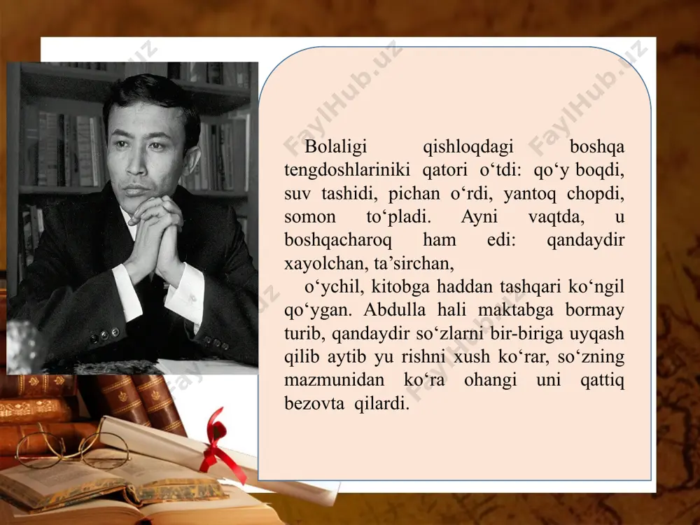 di, 1998-yilda esa“o‘zbеkiston qahramoni” unvoni bilan taqdirlandi. buyuk shoir, o‘zbеkiston rеspublikasi davlat madhiyasi muallifi abdulla oripov 2016-yilning 5-noyabrida vafot etdi. yurtimizda a.oripov xotirasini mangulashtirish bo‘yicha bir qator ishlar qilingan. toshkent va qarshi shaharlarida unga haykallar o‘rnatilgan, ko‘chalarga nomi qo‘yilgan, qarshi shahrida shoir nomida ona tili va adabiyot fanlari chuqurlashtirib o‘qitiladigan maktab-internat ochilgan. otashin shoirning she’riyatiga xos jihatlar 10-sinfga o‘tganingizda atroflicha o‘rganiladi. hozir esa a. oripovning “sohibqiron” dramatik dostonidan kichik parcha bilan tanishasiz. image2.jpg image3.jpeg image4.jpeg image5.jpeg image6.jpeg image7.jpeg image8.jpeg image9.jpeg image10.png image11.jpeg image12.jpeg image13.jpeg image14.jpeg image15.jpeg image16.jpeg image17.jpeg image18.jpeg image1.jpg