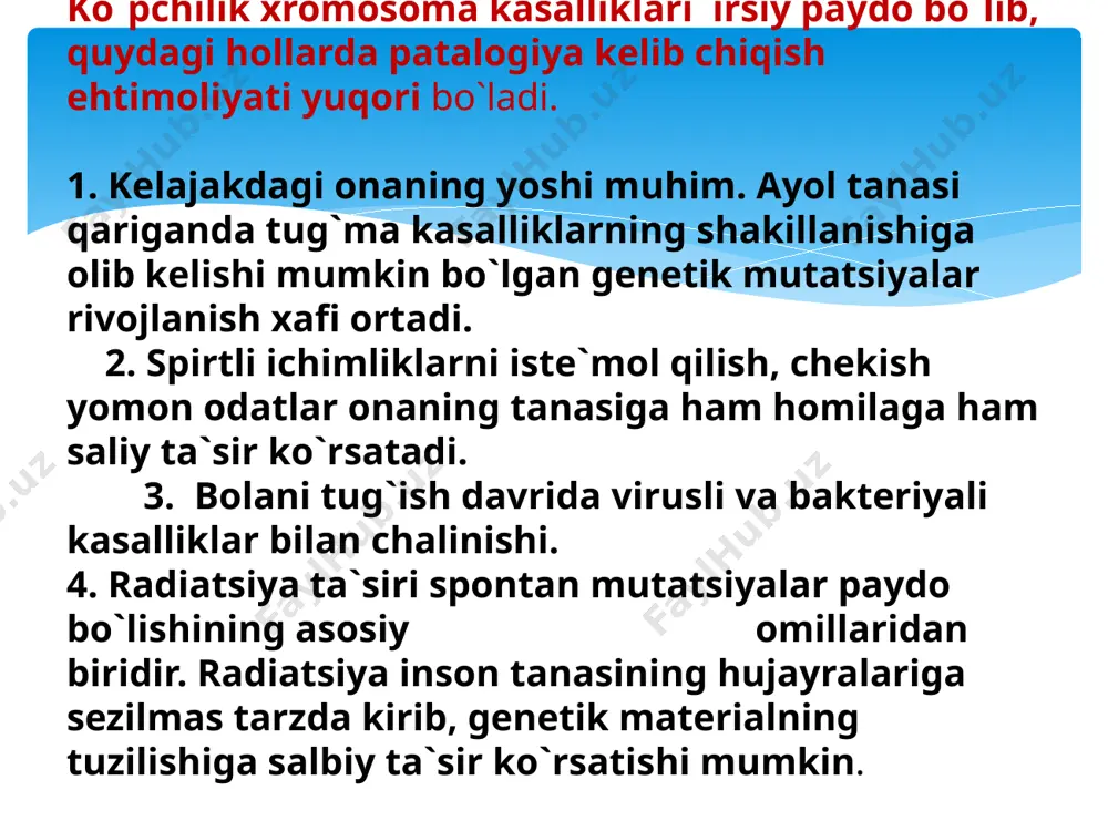 miyachada nuqsonlar uchrashi kuzatiladi. bu kasalikka chalingan bollar homiladorlikning 4-5 oylarida o`ladi yoki tug`ilgandan so`ng 70 foizi bir oygacha yashaydi xolos. ushbu o'zgarish chaqaloqning tanasining to'g'ri rivojlanishiga olib kelmaydi, shuning uchun ko'plab jismoniy nuqsonlar paydo bo'ladi va. edvards sindromining mavjudligini ko'rsatadigan bir nechta alomatlar va belgilar mavjud, ammo ularning barchasi bir vaqtning o'zida sodir bo'lmaydi. buyraklardagi malformatsiyalar. yurakdagi nuqsonlar: qorincha va / yoki atriyal septumdagi nuqsonlar, arterial arteriya yo'llari va boshqalar. ovqatlanish qiyin. qizilo'ngach atreziyasi: qizilo'ngach oshqozon bilan bog'lanmagan, shuning uchun ozuqa moddalari unga etib bormaydi. omfalosel: ichak tanadan kindik orqali chiqib turadi. nafas olishda muammo arthrogryposis: bo'g'imlarda, ayniqsa ekstremitalarda kontrakturalar mavjudligi. postnatal o'sishning etishmovchiligi va rivojlanishning kechikishi. xeroid pleksuslaridagi kistalar, ular miya omurilik suyuqligini hosil qiladi; ular muammo tug'dirmaydi, ammo edvards sindromining prenatal belgisidir. klaynfelter sindromi – bolalarda aqliy qoloqlik, urug’donning yaxshi rivojlanmaganligi, terida melanin pigmentining kamayishi hisobiga terining oq rangda, ko’zning havo rangda, qo’l - oyoq suyaklarining uzun …