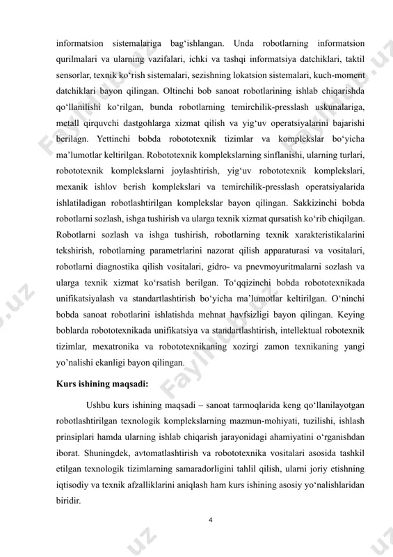 iy ishlab chiqarish jarayonlarida robotlashtirilgan komplekslardan foydalanish misollarini o‘rganish; 4. ushbu komplekslarning iqtisodiy samaradorligi va inson mehnatini yengillashtirishdagi rolini aniqlash; 5. texnologik xavfsizlik, xizmat ko‘rsatish va boshqaruv tizimlari bilan bog‘liq muammolarni yoritish; 6. o‘zbekistonda robotlashtirish yo‘nalishida olib borilayotgan ishlar va rivojlanish istiqbollarini ko‘rib chiqish; 7. o‘rganilgan materiallar asosida xulosalar chiqarish va takliflar ishlab chiqish. kurs ishining maqsadi: mazkur kurs ishining maqsadi — zamonaviy ishlab chiqarish jarayonlarida qo‘llanilayotgan robotlashtirilgan texnologik komplekslar haqida umumiy tushuncha berish, ularning texnologik tuzilishi, ishlash prinsipi, qo‘llanilish sohasi va samaradorligini chuqur o‘rganish hamda ushbu komplekslarning sanoatdagi ahamiyati va istiqbollarini aniqlashdan iborat. ii.asosiy qism 1. robotlar haqida umumiy tushunchalar va ta’riflar “robot” so‘zi birinchi marotaba 1920 yilda chex yozuvchisi k. chapekning “rur” (rossum universal robotlari) pesasida ishlatilgan. robot tushunchasi keng doiradagi turli sistemalar va qurilmalar bilan bog‘liq. robotning turli xil avtomatik sistemalar va qurilmalardan asosiy farqi, unda odam harakatlariga o‘xshash harakatlar qila oladigan organning ya’ni mexanik qo‘l (manipulyatorlar) …