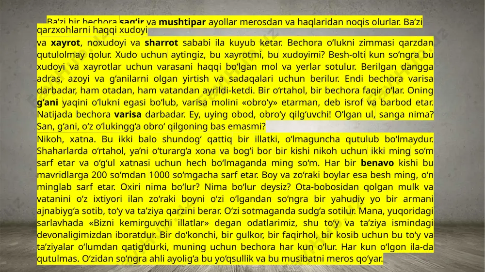 konstitutsiyasi, ta’lim to‘g‘risidagi qonun, «yangi o‘zbekiston strategiyasi» hujjati. 13. sifatdosh bo‘lgan tarixiy shaxs nomlari bosh harf bilan yoziladi navoiyning g‘azallari, beruniyning asarlari. lekin: boburiylar sulolasi, temuriylar davlati — kichik harf bilan yoziladi. 14. yangi davr ijtimoiy-siyosiy atamalar bosh harf bilan yoziladi yangi o‘zbekiston, uchinchi renessans, ipak yo‘li strategiyasi. 15. harflar qisqartmalar tarkibida katta yoziladi otm (oliy ta’lim muassasasi), oav (ommaviy axborot vositalari), bmt (birlashgan millatlar tashkiloti). shohruh shoxruh shohrux shoxrux aslbek asilbek bekzod bekzot hasanxo‘ja xasanxo‘ja hasanho‘ja xasanho‘ja abdisalom abdusalom mayram maryam isxoq ishoq is’hoq 2- topshiriq. jadvalda berilgan ismlarning qaysi shakli to‘g‘ri? topshiriqni bajarishda ismlar haqidagi kitoblardan foydalaning. foydalanilgan adabiyotlar ro‘yxati: g‘ulomov, yo. (2005). o‘zbek tilining imlo qoidalari. toshkent: fan nashriyoti. rahimov, h. (2010). o‘zbek tili: imlo va yozuv qoidalari. toshkent: o‘qituvchi. karimov, i. a. (1995). o‘zbekiston – kelajagi buyuk davlat. toshkent: o‘zbekiston. o‘zbek tilining izohli lug‘ati (2006). toshkent: o‘zme nashriyoti. matyoqubov, o. (2012). o‘zbek tili grammatikasi va yozuv …