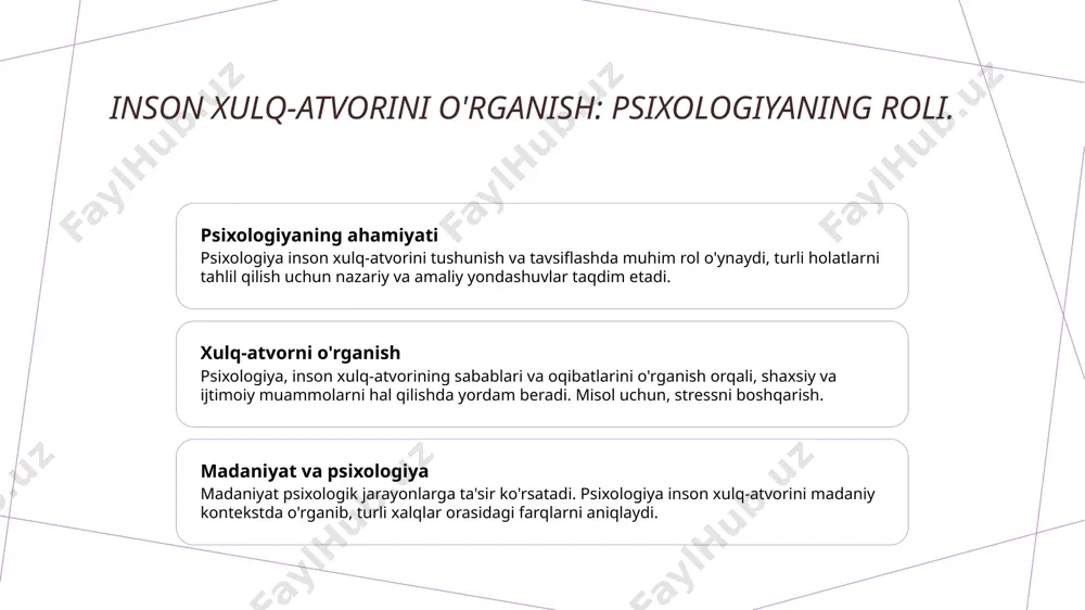 sidagi farqlar, xulq-atvorning ifodalanishi va qabul qilinishi jarayonida sezilarli ta'sir ko'rsatadi, bu esa global jamiyatga muhimdir. madaniy ta'sirlar va psixologiyaning o'zaro aloqasi. 01 madaniyat va psixologiya madaniyat, individlarning fikrlash usullarini, hissiyotlarini va xulq-atvorini shakllantiradi. psixologiya madaniyatning inson psixikasiga ta'sirini o'rganadi. 02 madaniy normativlar madaniy normativlar, jamiyatdagi qoidalar va qadriyatlar psixologik jarayonlarga ta'sir qiladi. ular xulq-atvor va qaror qabul qilishda muhim rol o'ynaydi. 03 madaniy farqlar turli madaniyatlar o'rtasidagi farqlar, insonlardagi hissiyotlar va xulq-atvorni belgilaydi. psixologiya bu farqlarni tushunish va tahlil qilishda yordam beradi. 04 globalizatsiya ta'siri globalizatsiya madaniy ta'sirlarni kuchaytiradi, bu esa psixologik jarayonlarda o'zgarishlarga olib keladi. psixologiya buni tahlil qilishda muhimdir. inson xulq-atvorida madaniyatning roli. 1 madaniyat va xulq-atvor madaniyat inson xulq-atvorini shakllantiruvchi asosiy omil bo'lib, turli ijtimoiy, iqtisodiy va ma'naviy kontekstlarda ifodalanadi. 2 normalar va qadriyatlar har bir madaniyat o'zining normativlari va qadriyatlari orqali xulq-atvorni belgilaydi, bu esa odamlarning qarorlarini va munosabatlarini ta'sir qiladi. 3 ijtimoiy o'zaro ta'sir …